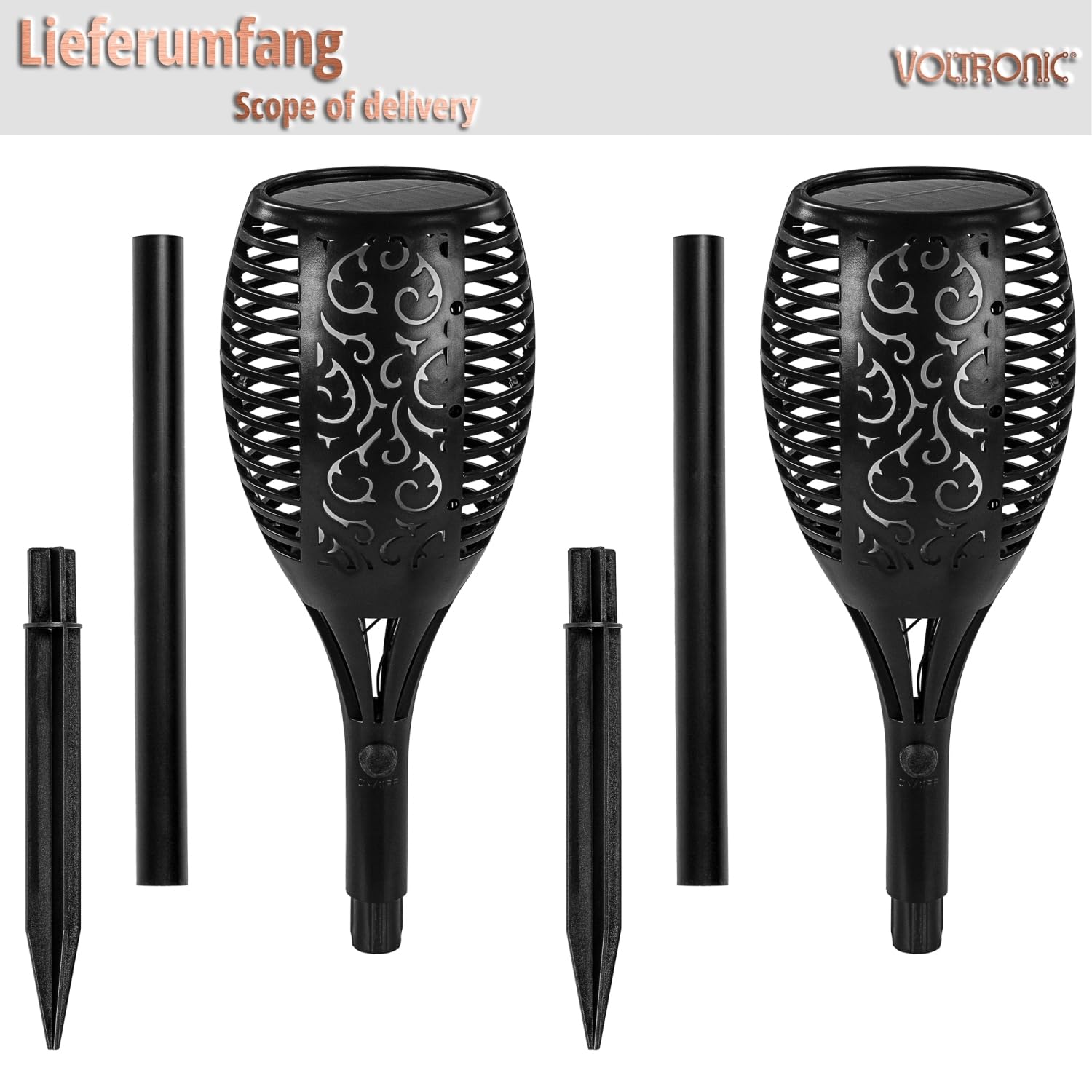 VOLTRONIC Solar Gartenfackel 33 LEDs, innen und außen, IP44, Erdspieß, Setwahl, 2er Set
