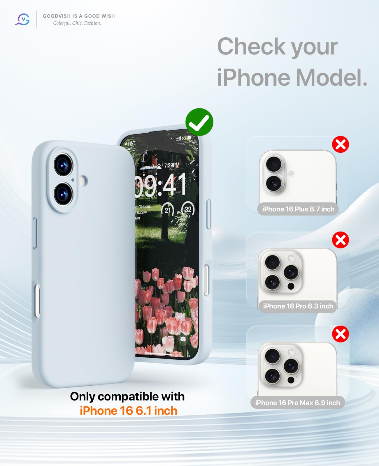 GOODVISH 3 in 1 Silicone Cover per iPhone 16 6.1", Custodia con 2 Pellicola Vetro Temperato [Protezione Fotocamera] 360° Protezione Anticaduta Case per Cellulare Antiurto Resistente, Cielo Blu