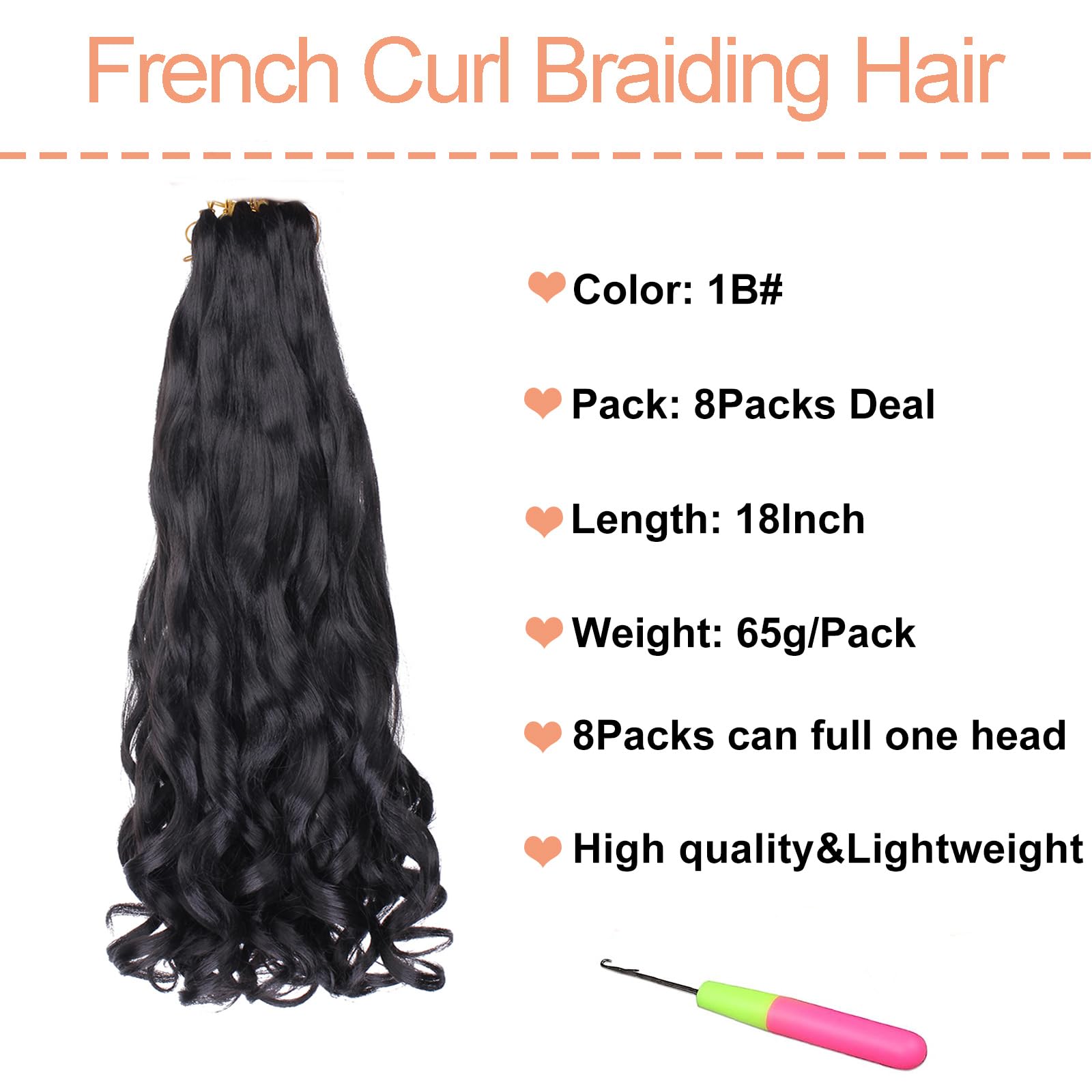Mscat 18 Inch 8 Packs Pre Stretched French Curly Braiding Hair Loose Wave Bouncy Hair Extensions 1B#, 18 Inch (Pack of 8) - Image 2