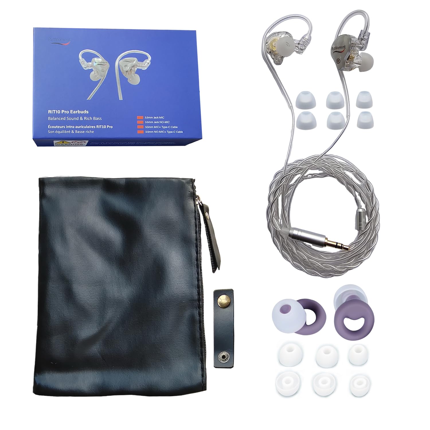RitMoment RIT10 Pro Écouteurs filaires – Son équilibré et basses riches, double pilote dynamique magnétique, ultra confortable, écouteurs intra-auriculaires IEM (3,5 sans micro + câble de type C,
