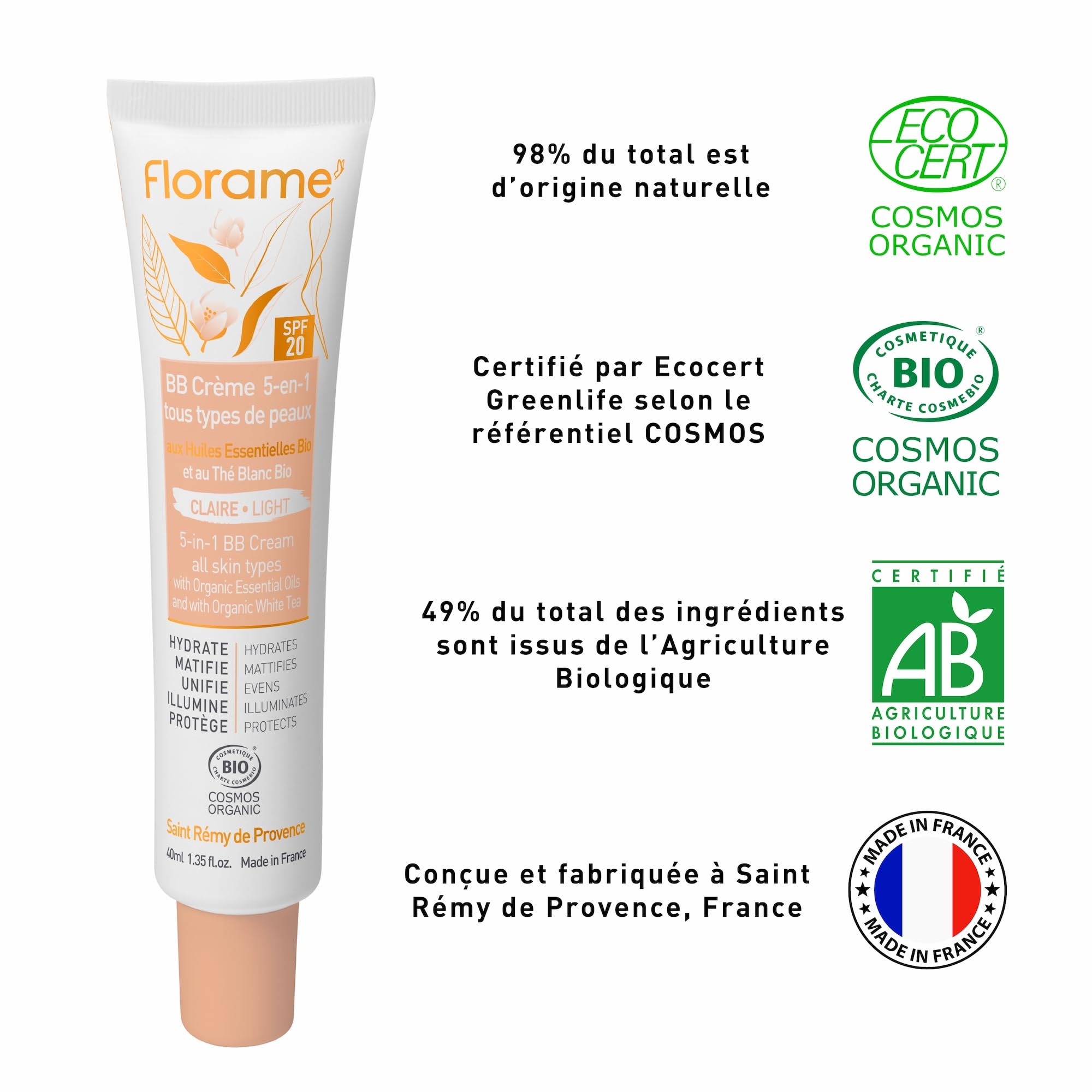 Florame BB Crème 5-en-1 SPF 20 – Teint Parfait Naturel – Hydrate, Unifie & Protège – 40 ml – Fabriquée en France - BB crème Claire