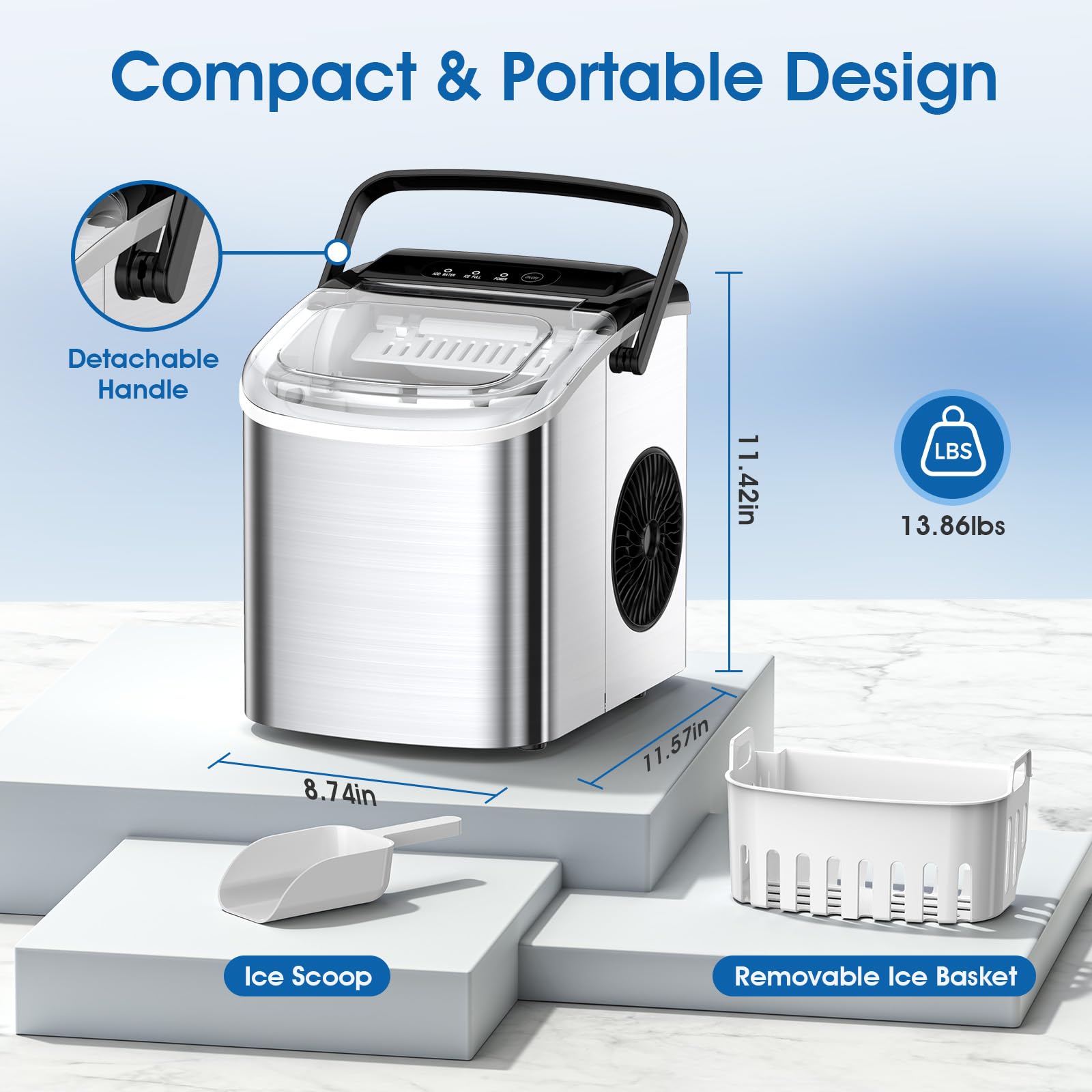 Joy Pebble Ice Maker Countertop with Handle, Self-Cleaning Portable Ice Machine with Basket and Scoop, 26.5Lbs/24H, 9 Cubes Ready in 6-8 Mins, for Home/Office/Kitchen, Stainless Steel on Fridge.com