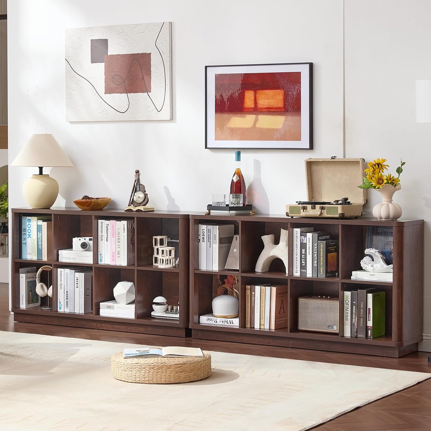 Joaxswe 8 Cube Bookcase, 52" Long Horizontal Book Shelf w/Curved Edge, Floor Standing 2-Tier Cubby TV Stand Bookshelf with Wooden Base, Farmhouse Low Storage Cabinet for Living Room, Office, Walnut