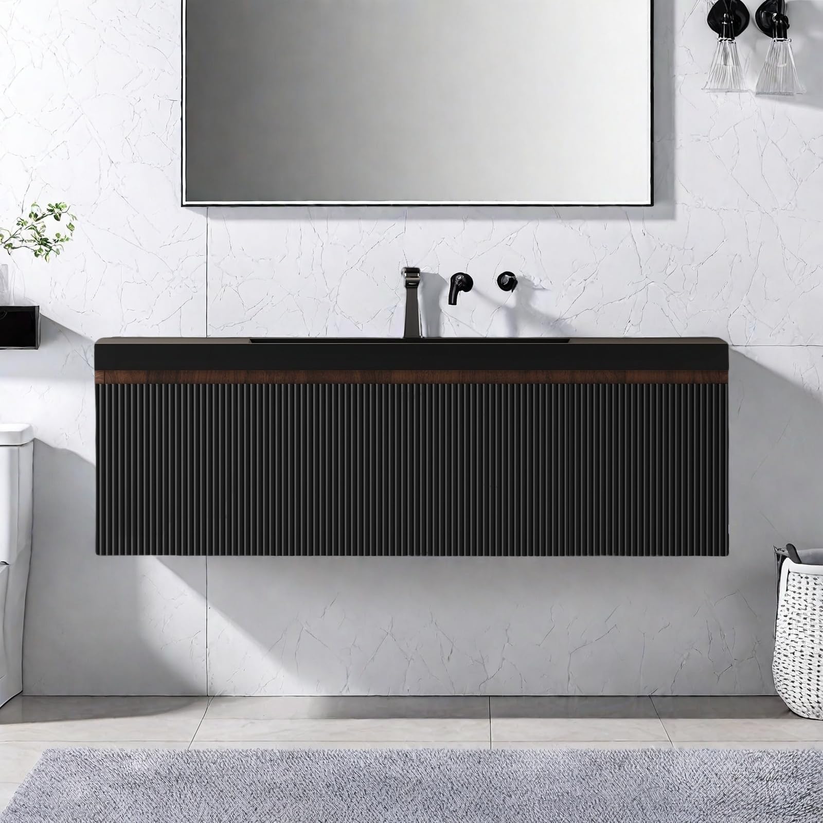 Wall Mounted Bathroom Sink Vanity, Modern 48" Floating Vanity with Resin Basin, U-Shaped Soft-Close Storage Drawer &amp; Side Door, Striped Bathroom Storage Cabinet with Invisible Handle, Black