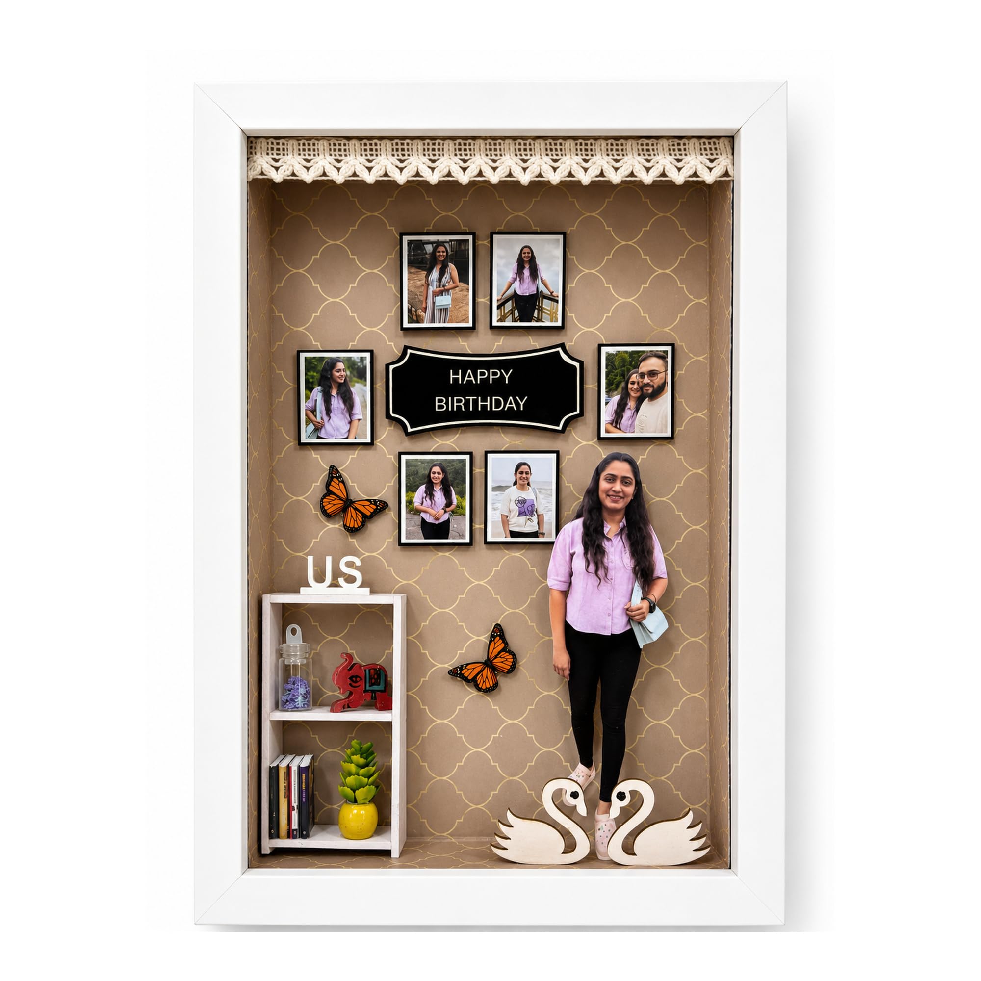 Personalized 3D Birthday Shadow Box Photo Frame (70488 20643) | 7 Photos, Custom Name & Message, Butterfly and Swan Decor,Personalized Birthday Keepsake, 3D Decor, Tabletop Display-image-9