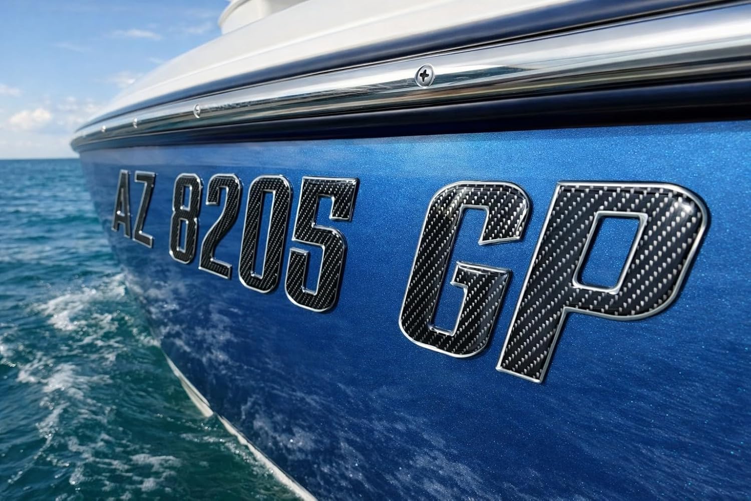 Custom Boat Registration Numbers & Letters (Two Sets) Marine Grade Decals (Carbon Fiber/Chrome, 3")