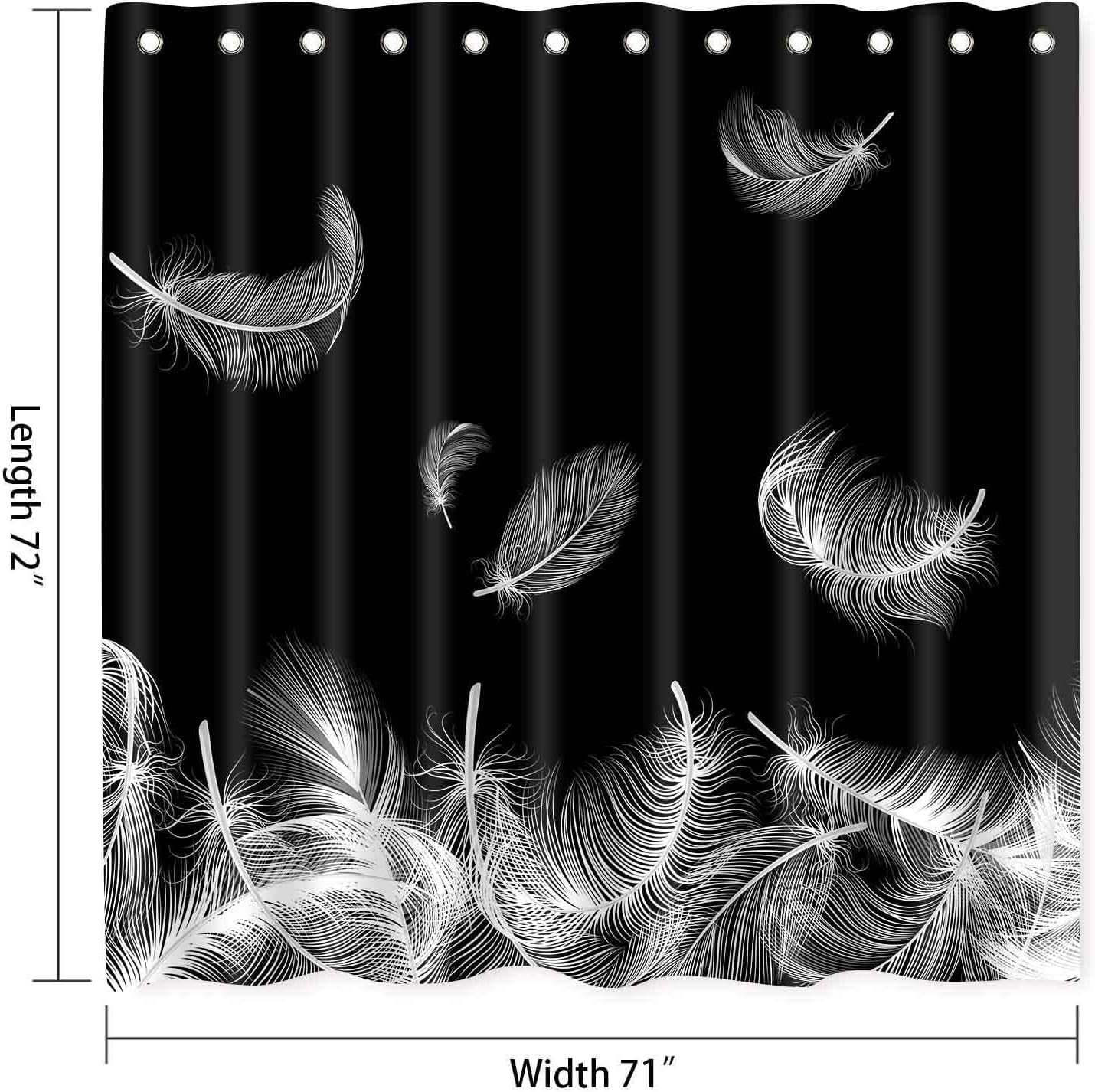 Boho Feather Shower Curtain, White Light Feather Shower Curtain Set, Modern Black and White Artwork Shower Curtains, 12 Hooks, Waterproof Washable Upgraded Polyester, 71"x72", YLXTGU154