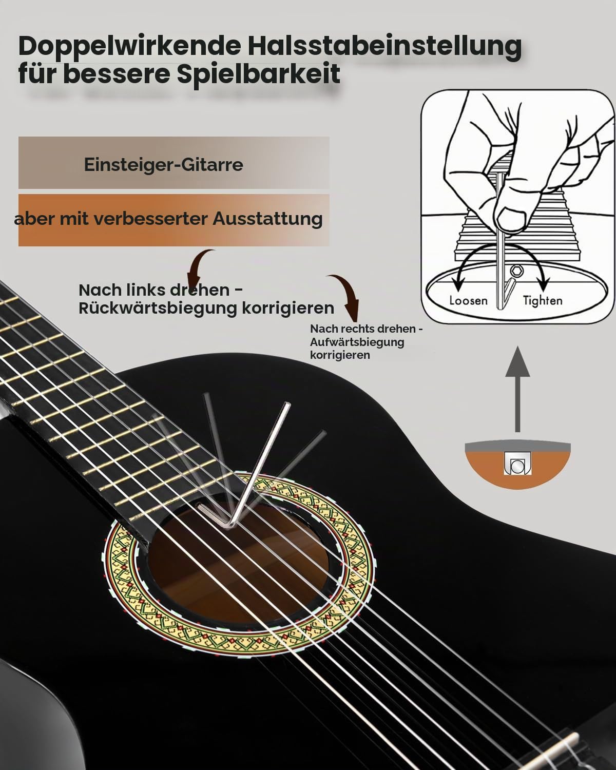 Winzz Konzertgitarre 4/4 Erwachsene, Klassische Gitarre Anfänger Set für Kinder ab 11+ Jahre - Schwarz Glänzend (39 Zoll)
