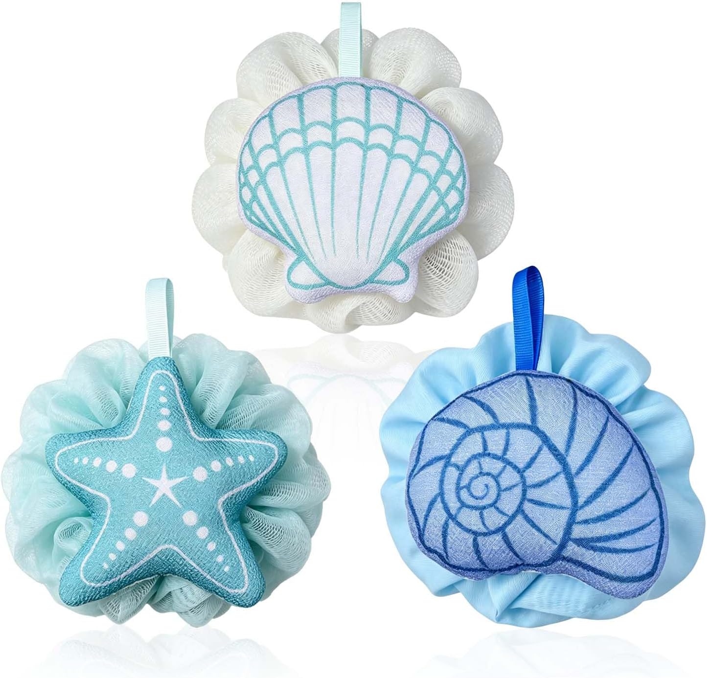 3PCS Coastal Shower Sponge Loofah, Seashell Body Scrubber Beach House Decors, Designed Blue Body Pouf Bath Sponge for Women Men Family and Travel Use