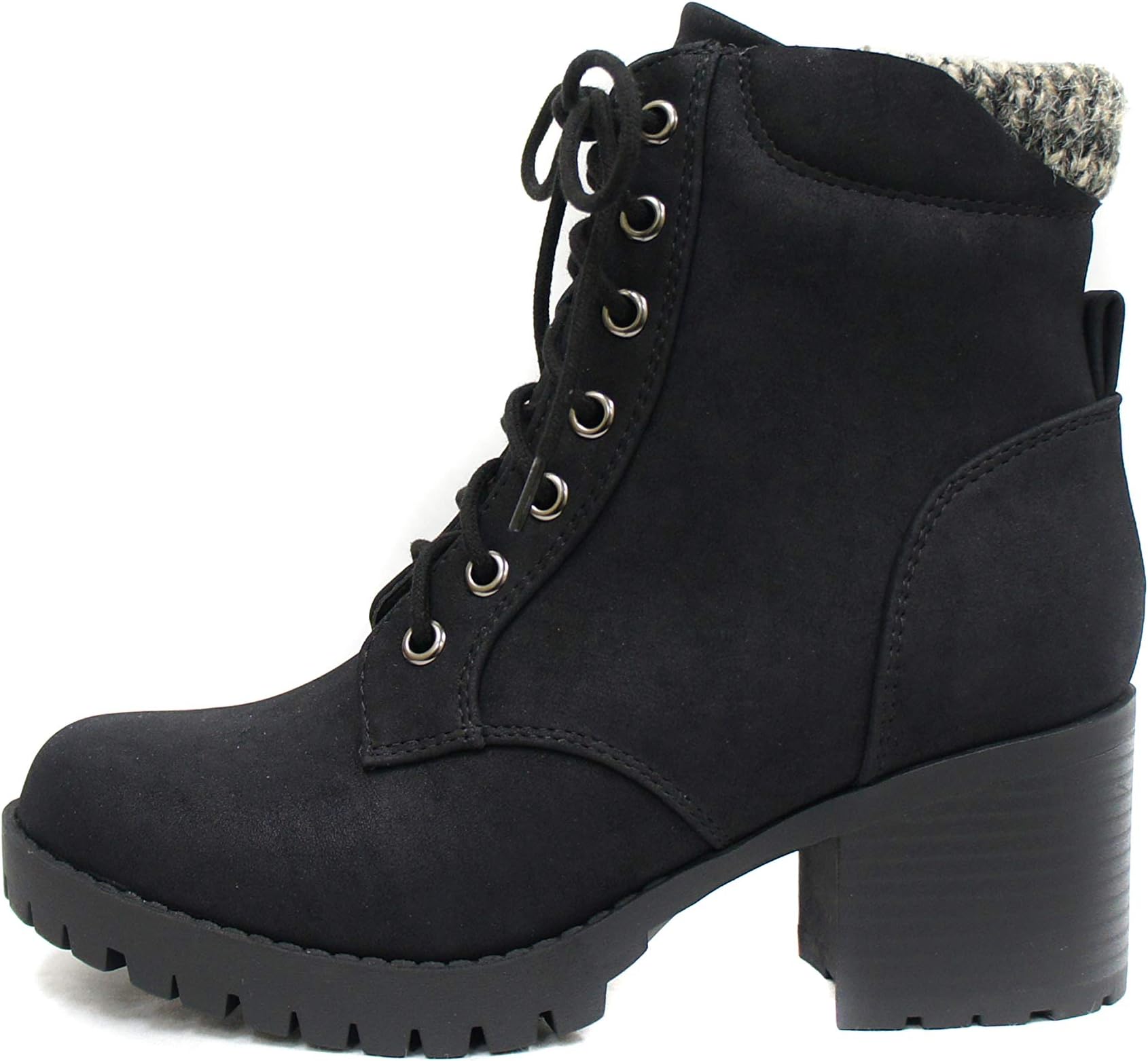 Single Lug Sole Chunky Heel Combat Ankle Boot Lace up w/Side Zipper