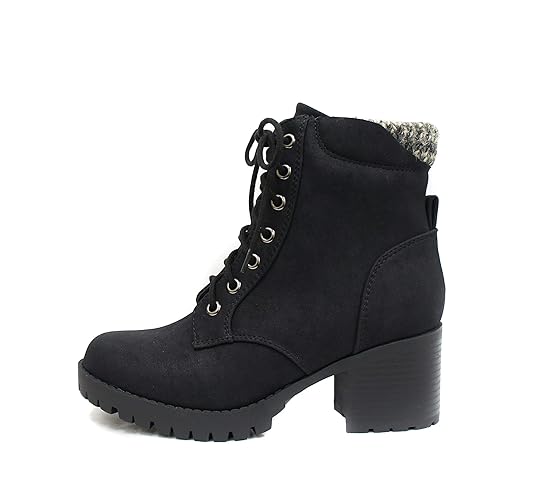 Soda Single Lug Sole Chunky Heel Combat Ankle Boot Lace up w/Side Zipper - 8.5 - Black (Nubuck)