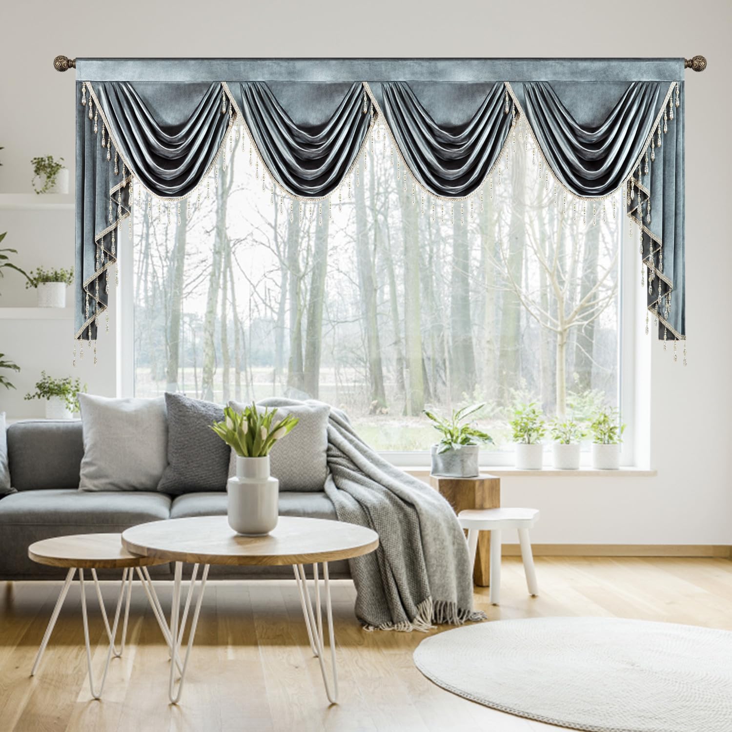 Leeva Solid Grey Velvet Waterfall Valance, Thick Luxury Swag Curtain with Tassels, Light-Filtering Elegant European Window Treatment for Living Room Bedroom, 43x110 Inches, 1 Panel