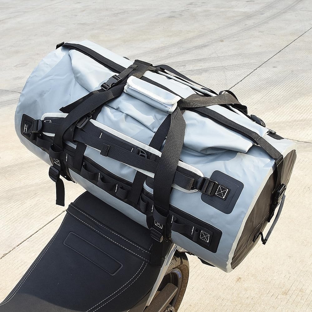 60L Sac à Dos étanche avec Cordes élastiques, Sacs étanches Moto, Sac à Dos pour Le Rafting, Le Kayak, Le canoë, Sac de Selle, Gris
