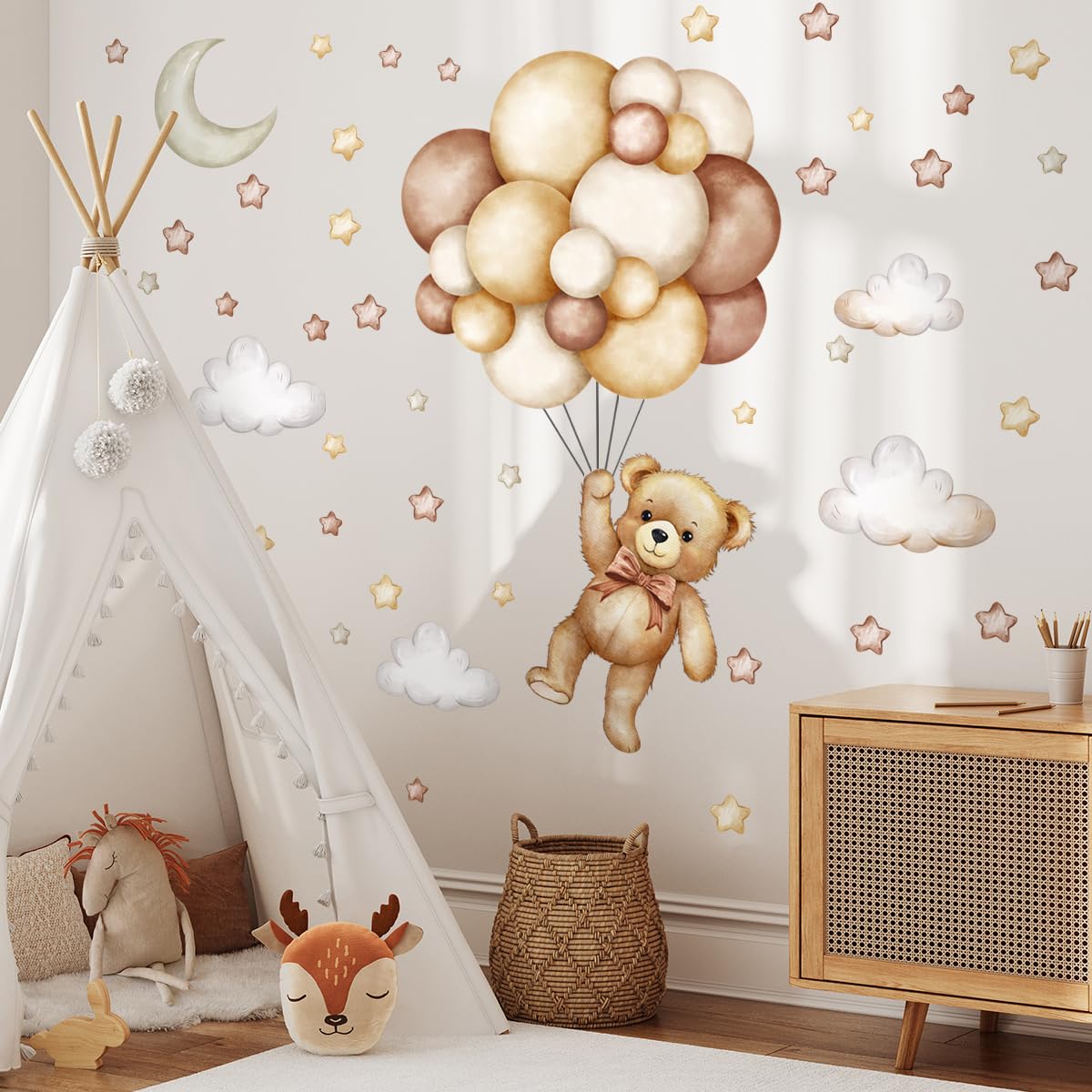 Calcomanías de pared de oso de peluche, diseño de globo aerostático, estrella, luna, nube, calcomanías de pared para habitación de niños, habitación de niños y niñas, decoración de habitación de bebé