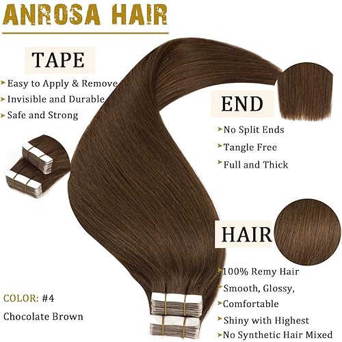 Miniatura 2 de Anrosa Extensiones de cabello con cinta en color marrón chocolate, 18 pulgadas, 20 unidades, 1.76 onzas, extensiones de cabello brasileño lacio y