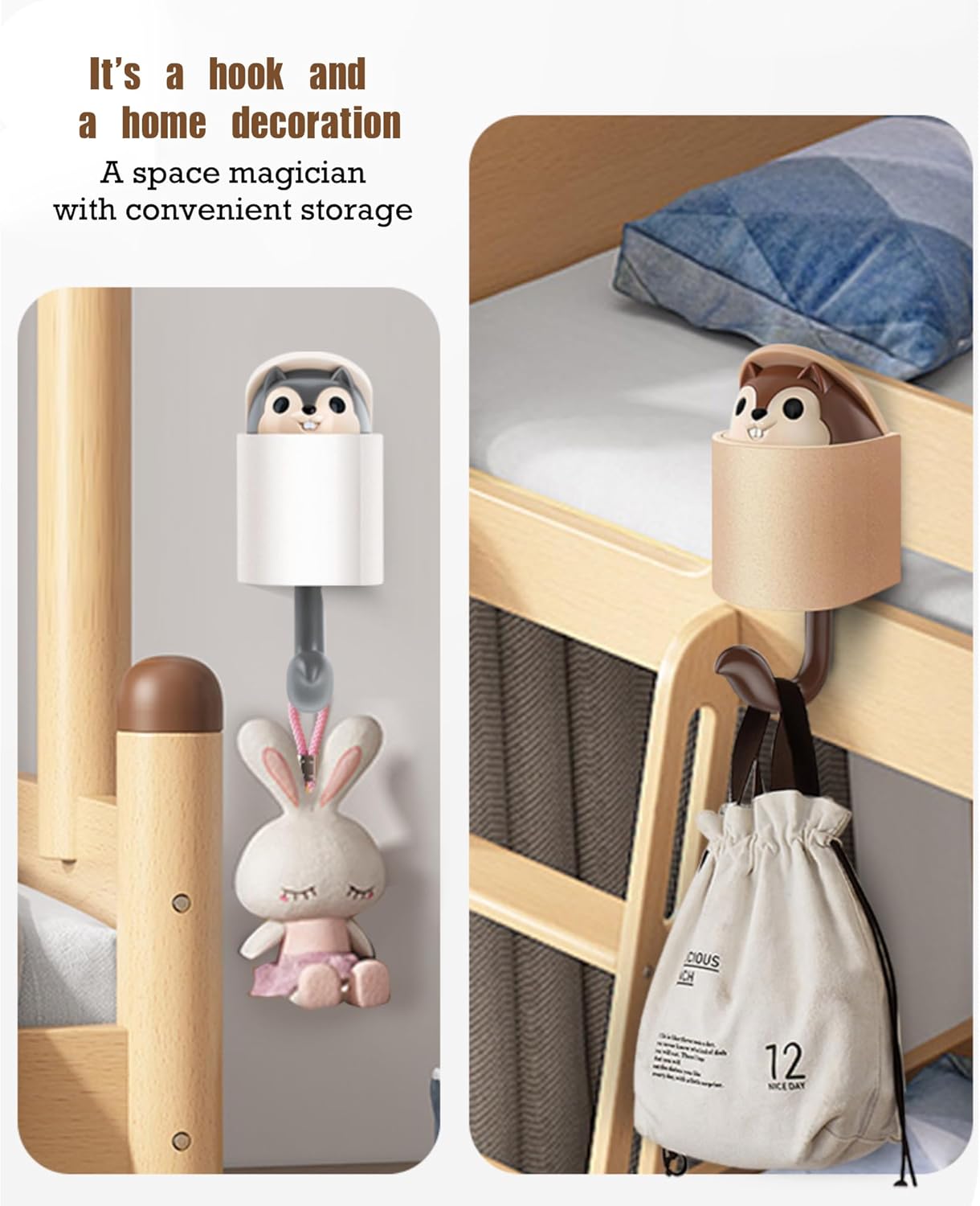 2 Pcs Creative Squirrel Cute Pet Key Holder wall Mount, Keychain Command Hooks,siding Hooks,Hook for Coat, Scarf, Hat, Towel, Bag, Utility Hook for Wall Hanging Decorations (Coffee&Gray)