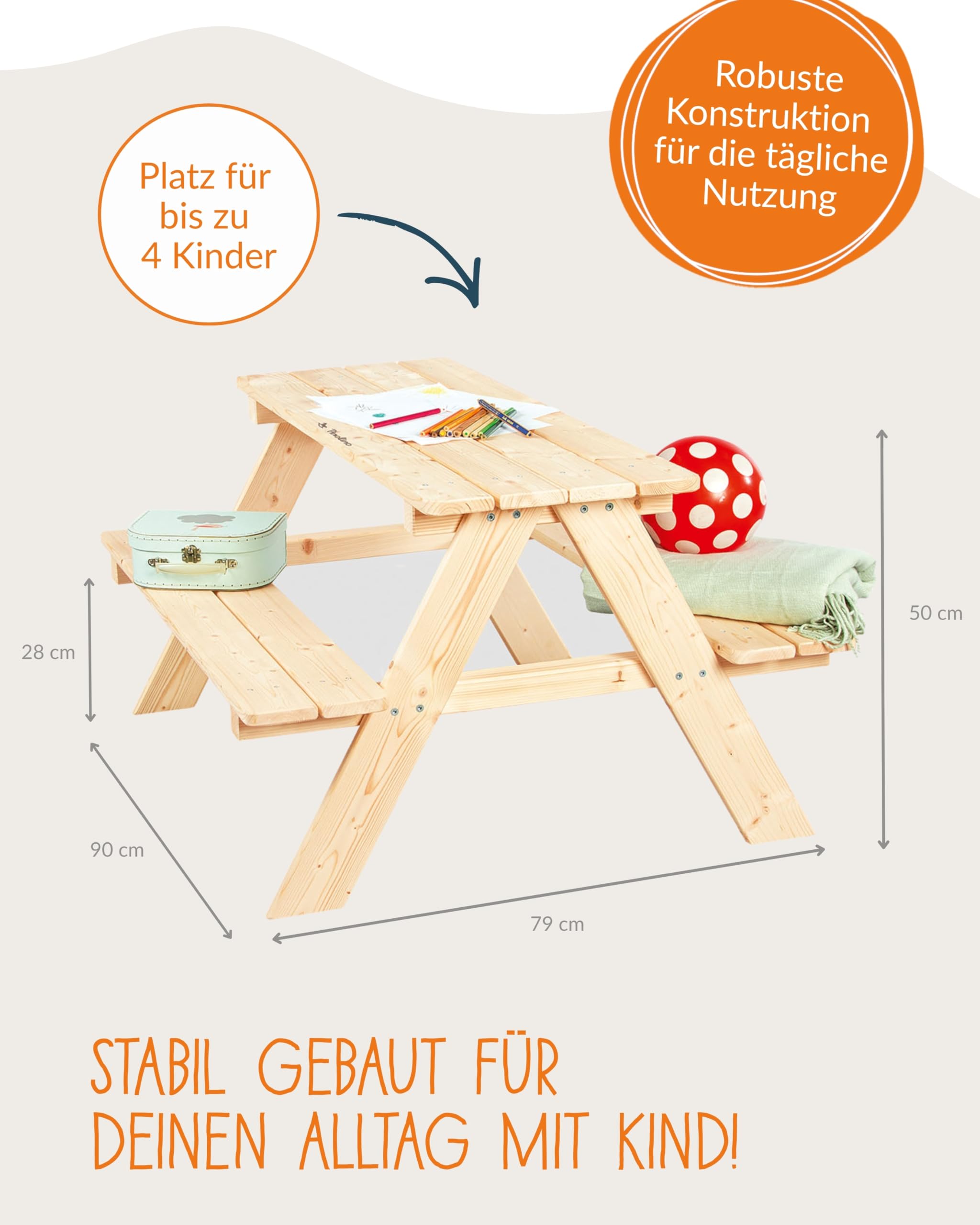 PINOLINO Kindersitzgruppe Massivholz 90x79x50 cm Kinder Picknicktisch Garten Outdoor Spieltisch abgerundete Kanten
