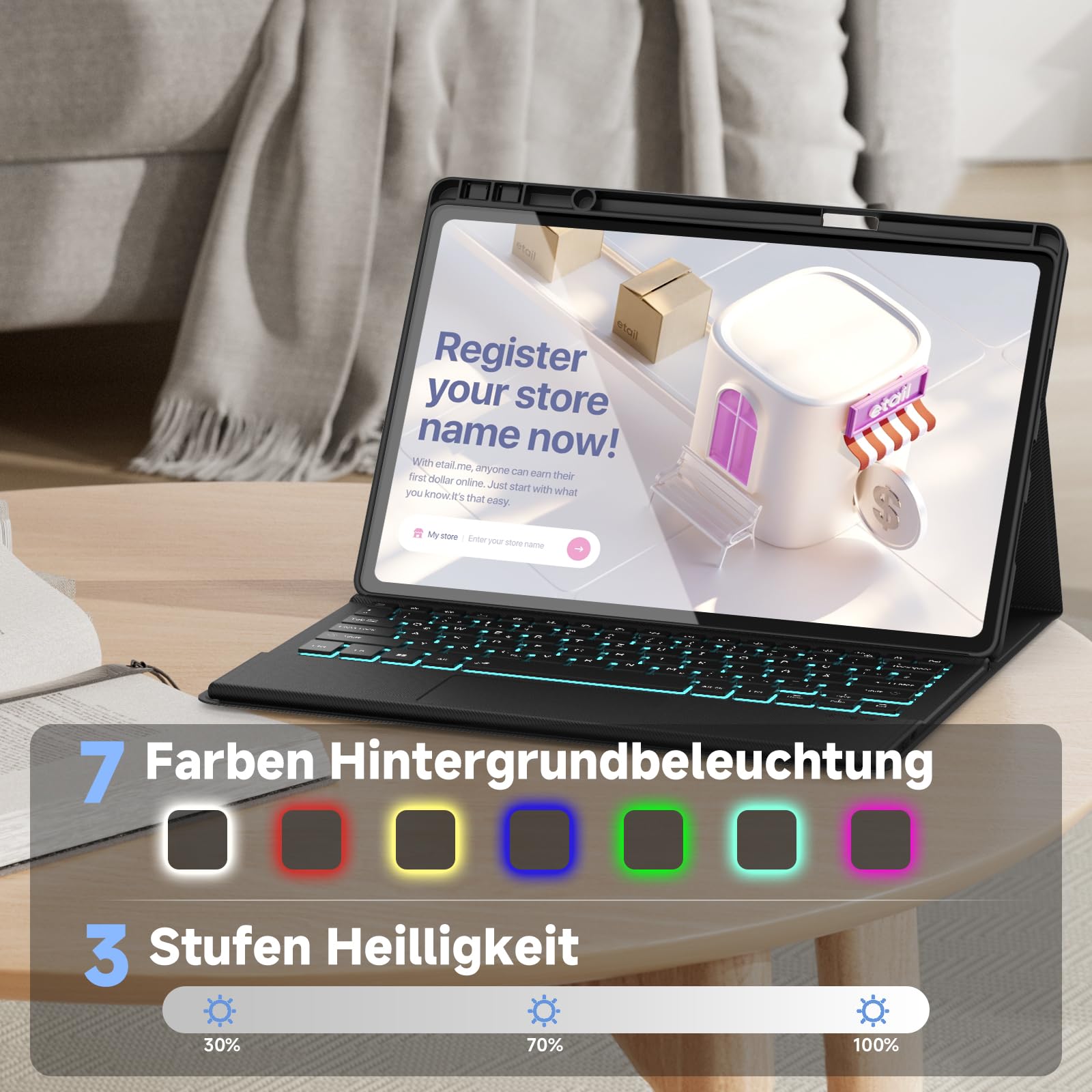 Tastatur mit Hülle für Lenovo Idea Tab Pro 2025 12.7 Zoll, Bluetooth Kabellose Tastatur mit Trackpad, Wiederaufladbar & Abnehmbar & 7 farbige Beleuchtung & QWERTZ, Schwarz