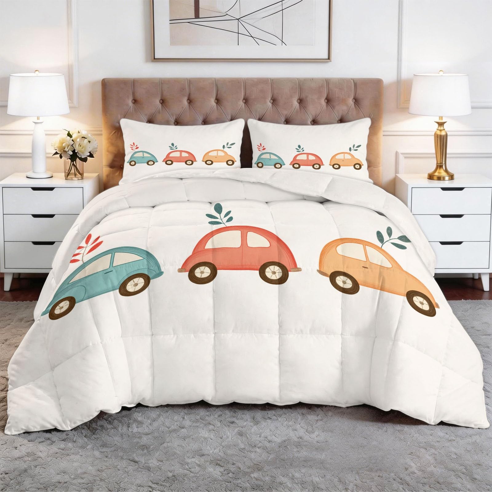 Edredón Nórdico Reversible Dibujo Lindo Coche Blanco, Edredón Relleno Nórdico Cama 135 200x200 cm, 4 Estaciones Acolchado Estampado 3D Suave y Ligero con 2 Fundas de Almohada