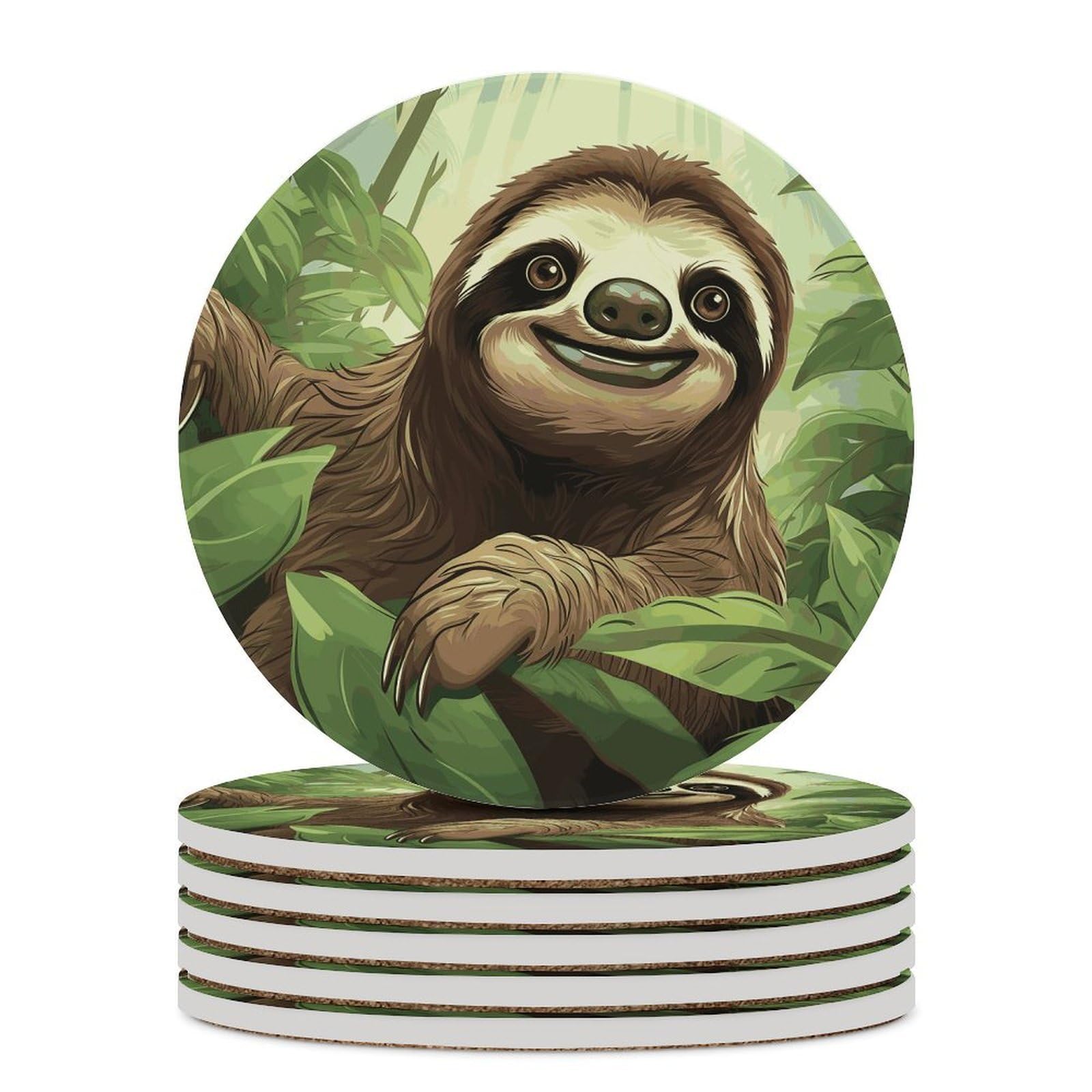 Sloths Background Coasters for Drinks Absorbing Round Ceramic Stone Coaster with Cork Base Coffee Cup Beverage Table Cup Mat Modern Style Bar Coaster Set for Home Decor