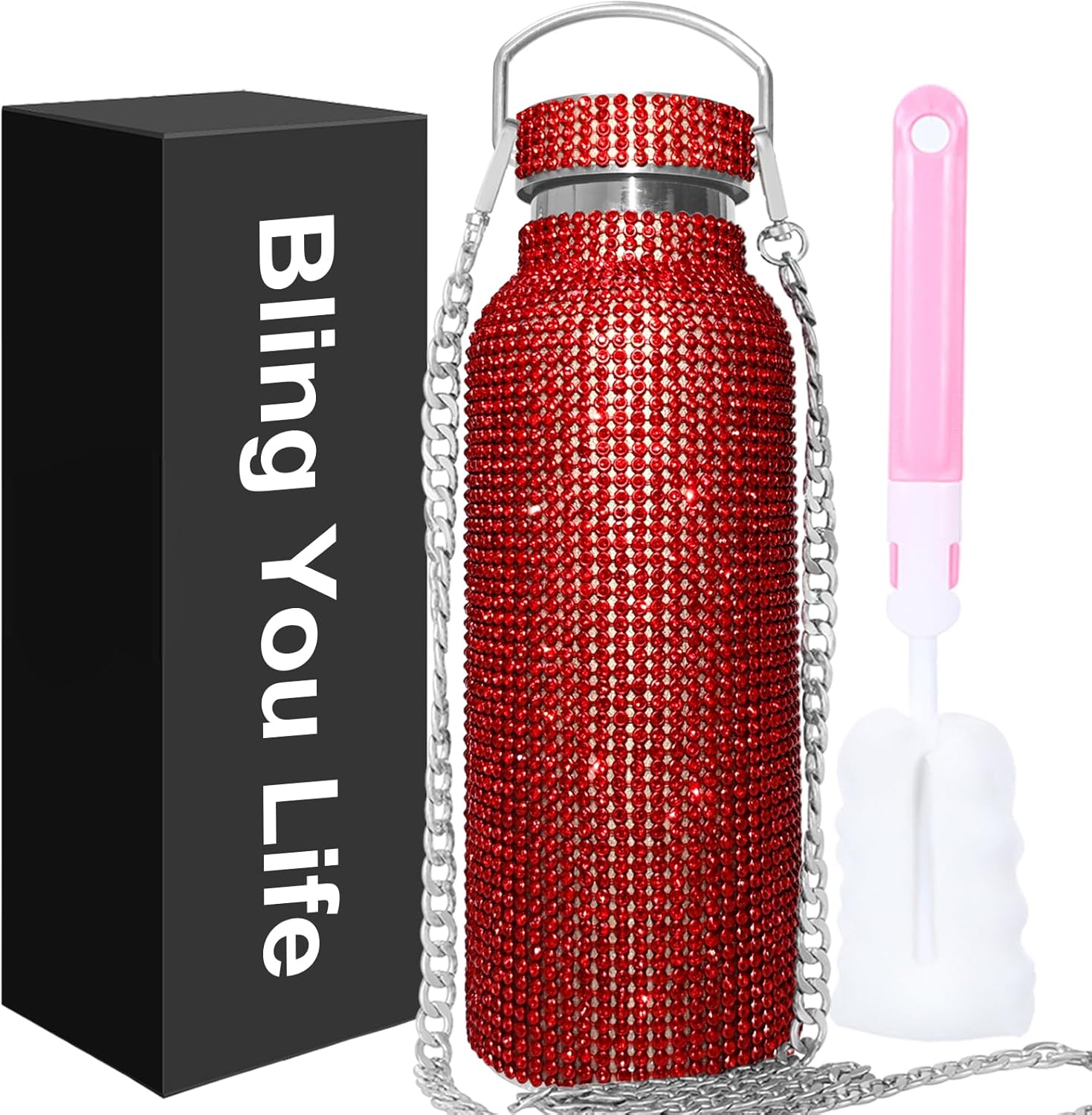 Bling Tumbler Rhinestones,Diamond Water Bottle,Bling Cup Rhinestone Stainless Steel Thermal Bottle,Glitter Water Cup with 55in Chain,Rhinestone Gifts for Glitter Fan (Red)