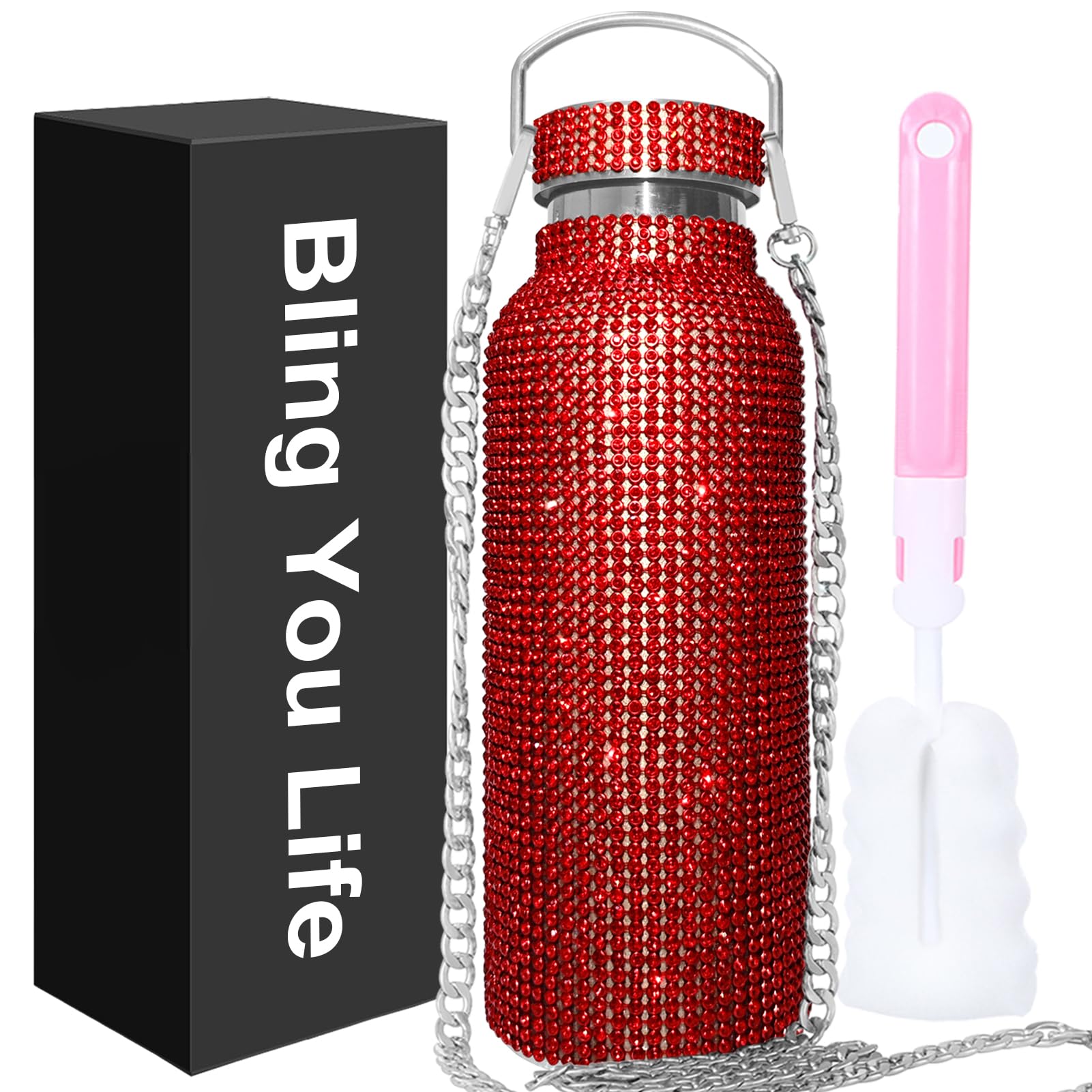 Bling Water Bottle Rhinestone,Diamond Cup,Glitter Stainless Steel Thermal Bottle with 55In Chain,Sparkly Gifts for Girls Women,Rhinestone Tumbler for Anniversary,Birthday (Red)