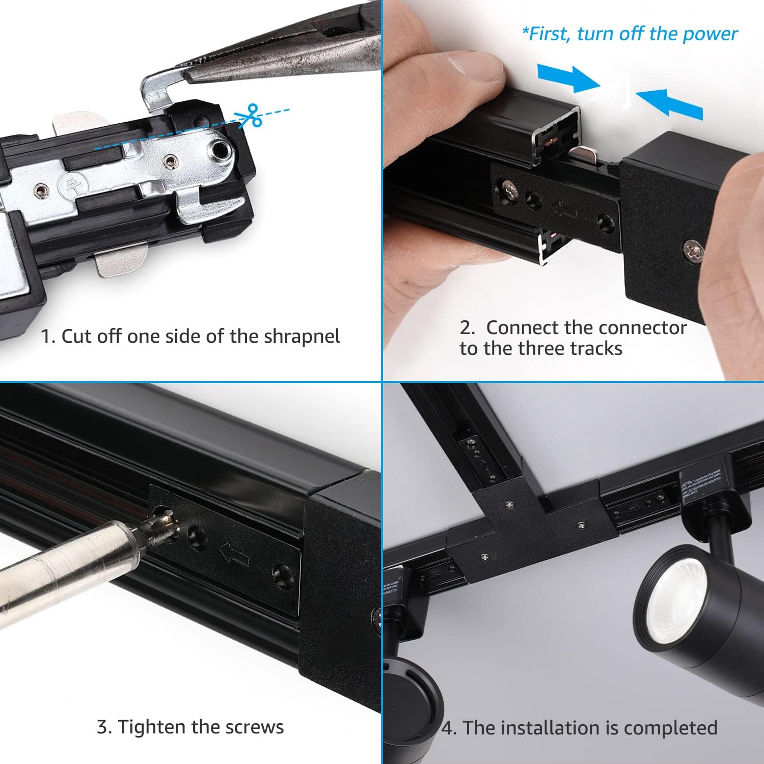 LEONLITE 4-pack Dimmable LED Track Lighting Heads, Compatible with Single Circuit H Track Light Rail, 550lm Bundle H Track T Connector, H Type Single Circuit 3-Wire-1 Track Lighting Kit, Corner Joiner