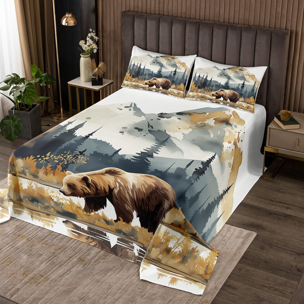 Homewish Rustic Style Bedspread Twin Size,Abstract Mountain Tree Bear Bedding Set for Kids Boys Teens Room Decor,Watercolor Wild Animal Nature Plant Coverlet Set 2Pcs,Wild Animal Quilt,1 Pillowcase
