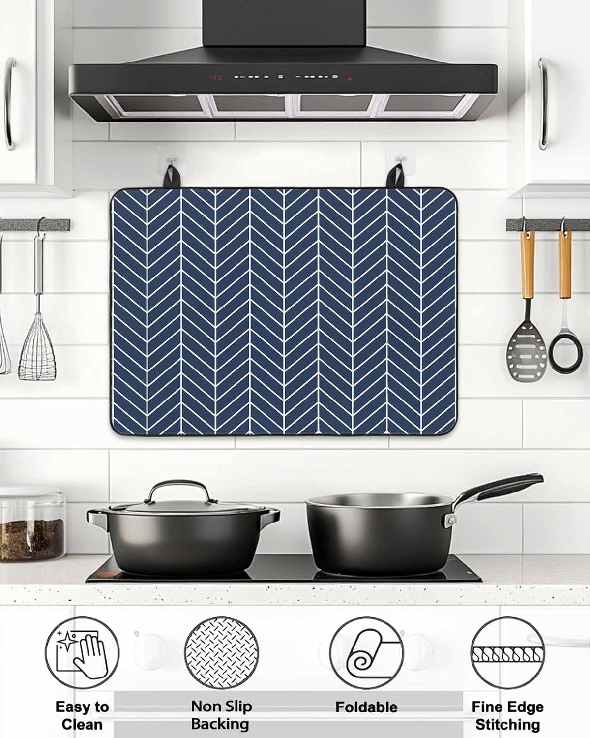 Stove Top Cover Navy Blue Chevron Stripes Stove Cover for Electric Stove Top Modern Geometric Texture Glass Cooktop Covers Anti-Slip Mat Heat Resistant Countertop Protector Kitchen Decor 28.5"x20.5"