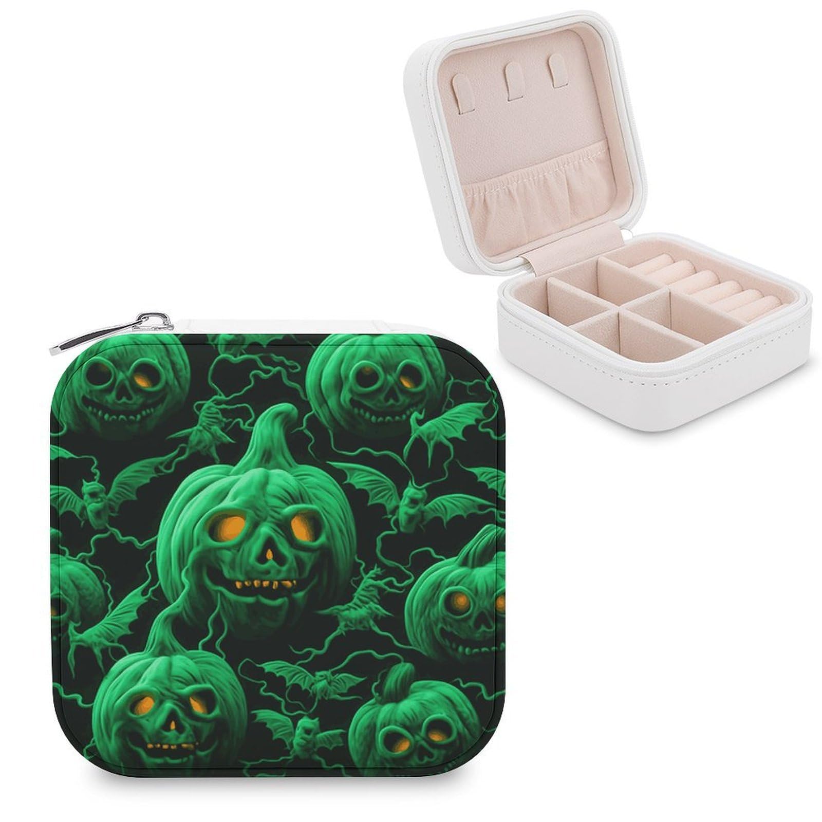 JTREHY Travel Green Ghost Horror Halloween Pumpkin Jewelry Case Portable Display Storage Box PU Leather Mini Jewelry Travel Case Personalized Travel Jewelry Organizer Small Jewelry Box for Women