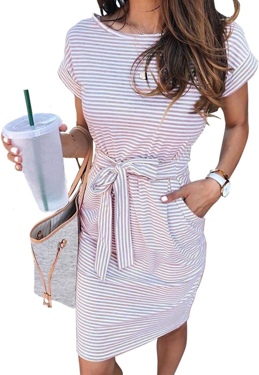 MEROKEETYWomen's Summer Striped Short Sleeve T Shirt Dress Casual Tie Waist with Pockets