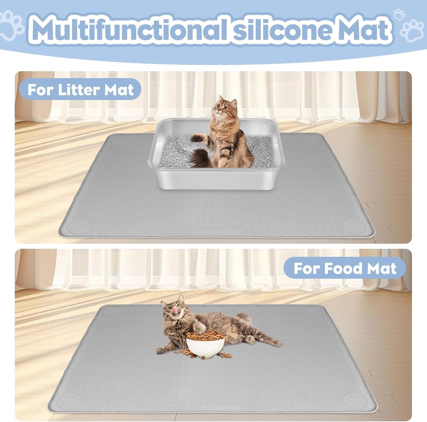 Kalolary Tapis de Litière Chat Extra Large - 101 x 71 cm Tapis en Silicone pour Chat Anti-Éparpillement, Doux pour les Pattes, Imperméable et Facile à Nettoye (Gris (101 x 71 cm))