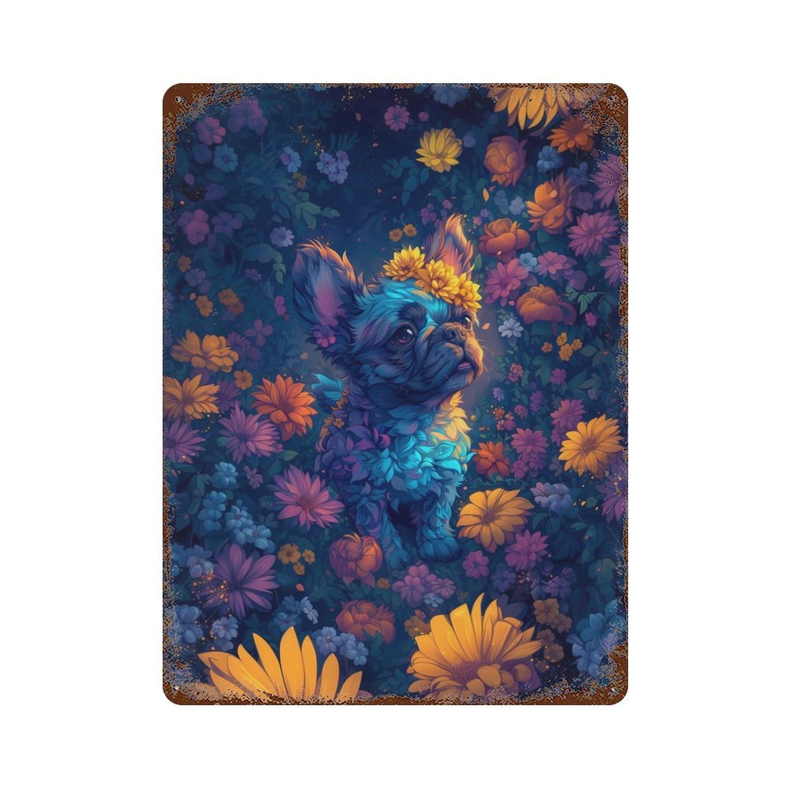Floral Fantasy Vibrant Dog Artwork Rusty Metal Tin Sign 15.7"x11.8", Shabby Chic Decor for Garage, Bar And Workshop Decor