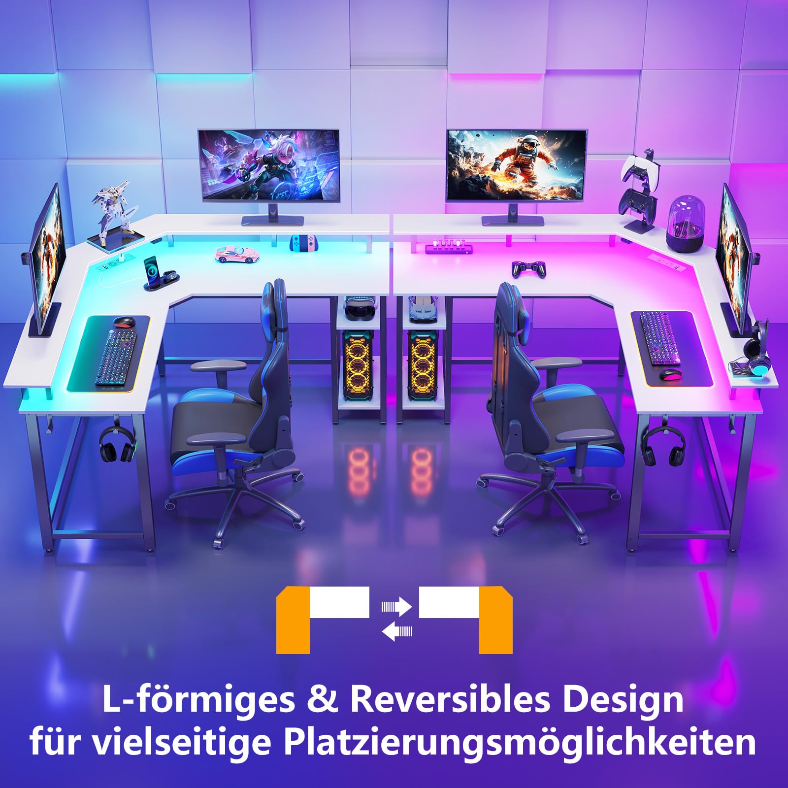 Rolanstar Schreibtisch L Form mit LED & Steckdosen, 117 cm Computertisch mit Monitorständer & Ablagefläche, Reversibler Eckschreibtisch mit 2 Haken, perfekt für Arbeitszimmer Schlafzimmer Büro