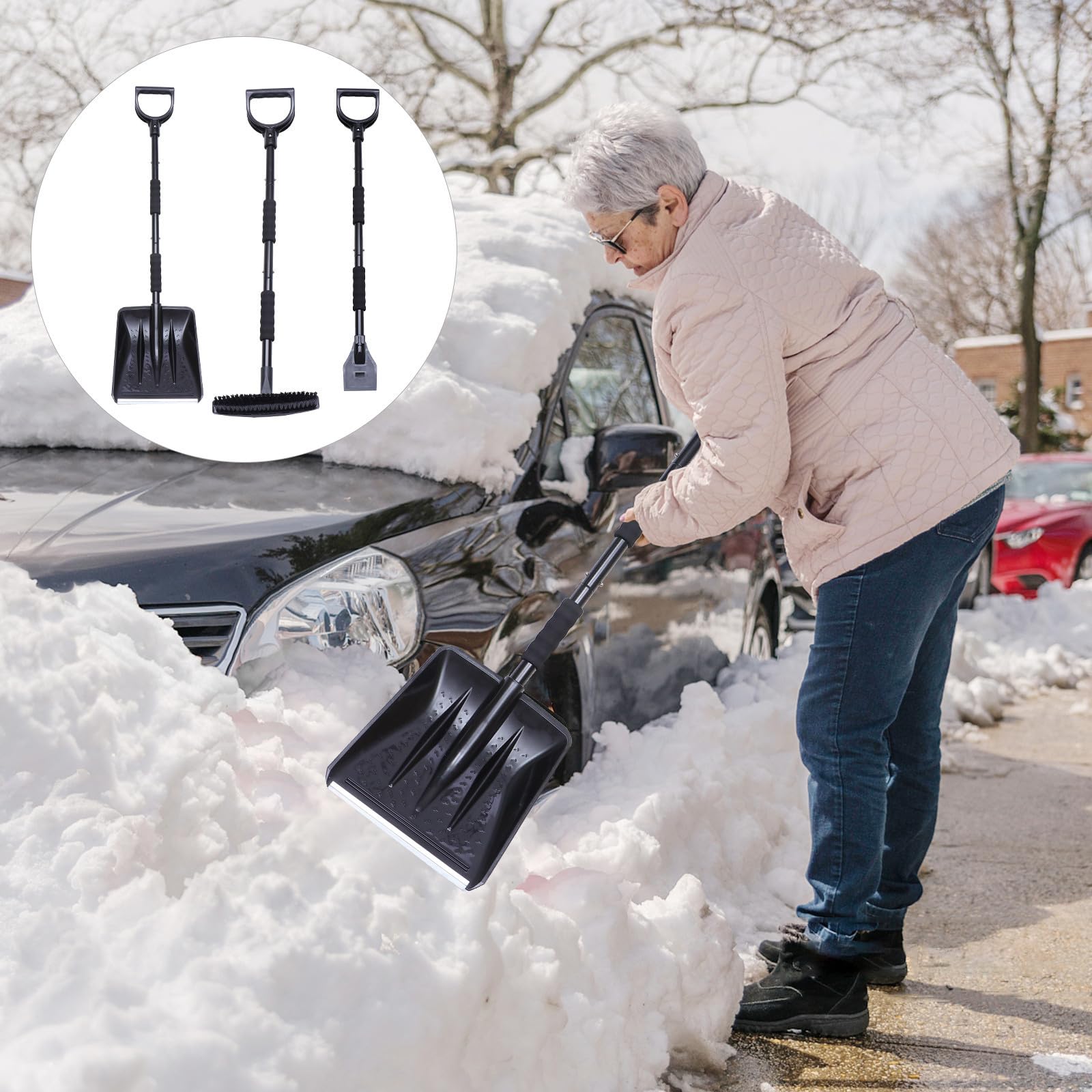 1 Satz Verstellbares Schneeräumgerät mit Schneebürste EIS und Schneekratzer aus Eisen Dreiabschnittiger Stiel für Auto und LKW im Winter