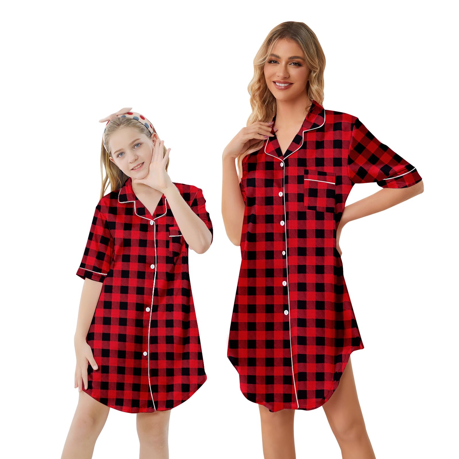 Schbbbta Girls &amp; Women Silk Nightgown, Short Sleeve Button Down Satin Nightshirt Pajama House Dress, 3 Years- Women 2XL