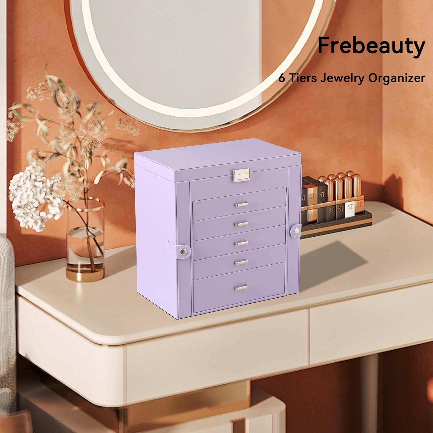 Frebeauty Large Jewelry Box,6-Tier PU Leather Jewelry Organizer,Multi-functional Storage Case with Mirror,Accessories Holder with 5 Drawers for Necklace Bracelets Watches（Purple）