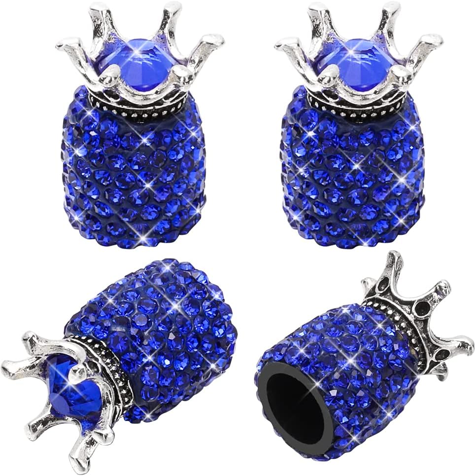 SAVORI Pineapple Valve Stem Caps, 4 Pack Handmade Crystal Rhinestone Universal Car Dustproof Tire Valve Caps for Car Auto Bike Wheels Women Bling Car Accessories (Crown Blue)
