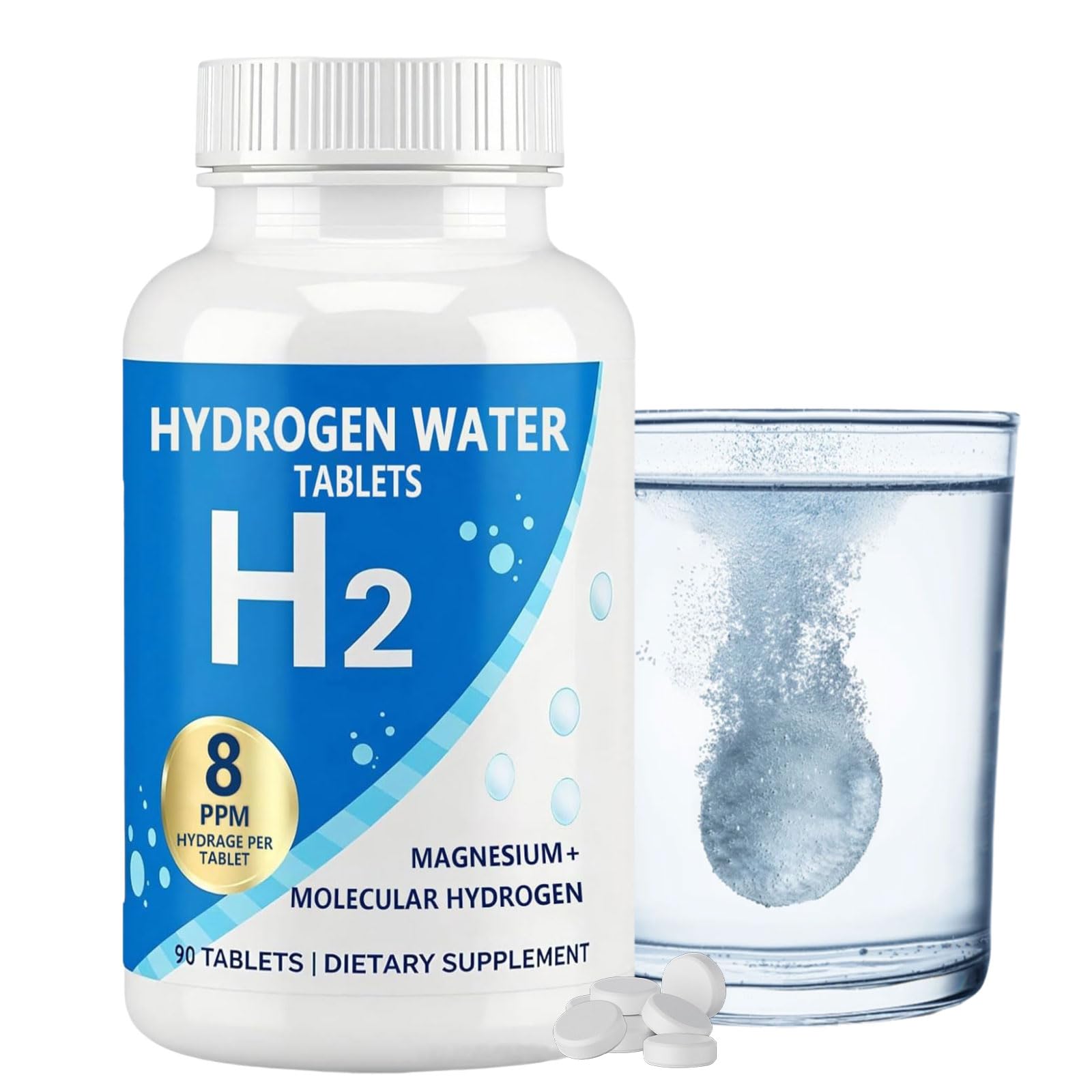 Hydrogen Water Tablets, 8 Ppm Hydrogen Tablets for Drinking Water, Supports Energy, H2 Molecular with Magnesium, Hydration & Recovery, GMO-Free, & Cognitive Performance with, Pure & Non-GMO, 90 Count