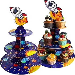 2 Pcs Space Party Cupcake Stands 3 Tiers Outer Space Cupcake Holder Solar System Theme Birthday Party Supplies for Kids Baby Shower