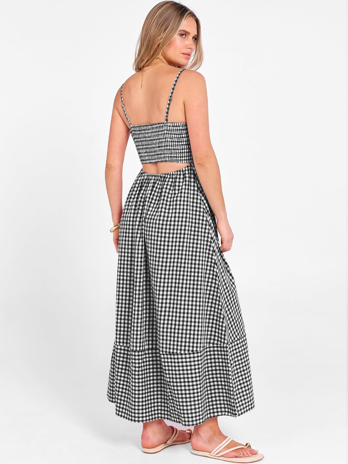 Caracilia Womens Maxi Dresses Gingham Spaghetti Strap Back Smocked Flowy Long Sundress Summer Beach Vacation Clothes 2026 - Image 4