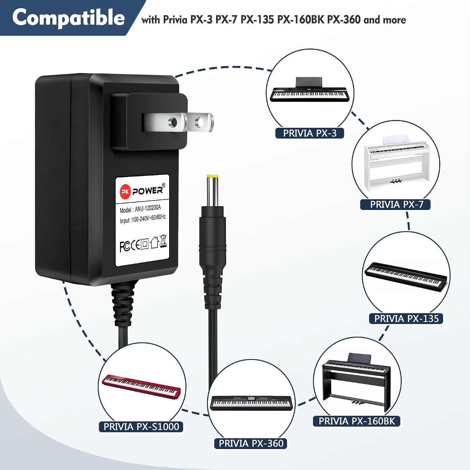 12V 2A Power Adapter, AC DC Charger Replacement for Casio Privia PX-S1000 PX-S1100 PX-160 PX-150 PX-770 CDP-S100 CDP-S350 and PX-3 PX-3S PX-7 PX-7WE PX-3BK CTK-6200 CTK-6600 CTK-7200 Keyboard