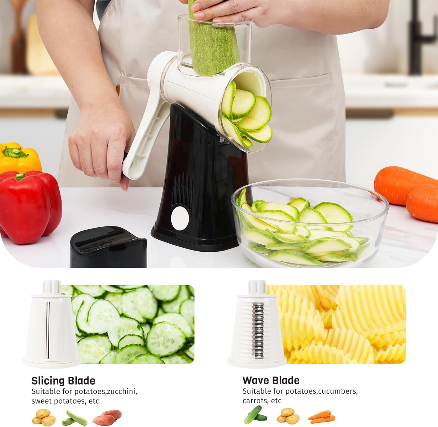 5-in-1 Rotary Cheese Grater Hand Crank, Vegetable Slicer Shredder with 5 Interchangeable Blades, Graters for Kitchen, Safe Kitchen Tool for Cheese, Nuts, Chocolate, Black