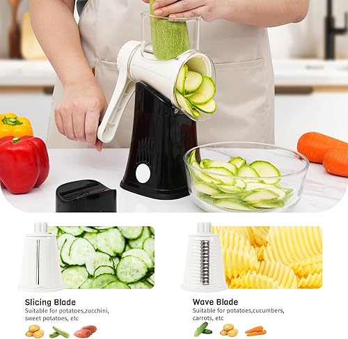 Miniatura 3 de Rallador de queso giratorio 5 en 1, manivela de mano, trituradora de verduras con 5 cuchillas intercambiables, ralladores para cocina, herramienta