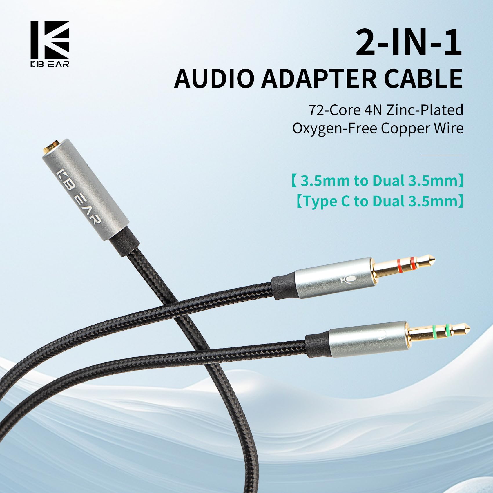 KBEAR - Splitter per cuffie per computer, da femmina da 3,5 mm a 2 cavi adattatori audio intrecciati da 3,5 mm maschio da 3,5 mm, per cuffie da gioco, laptop, telefono, tablet, altoparlanti