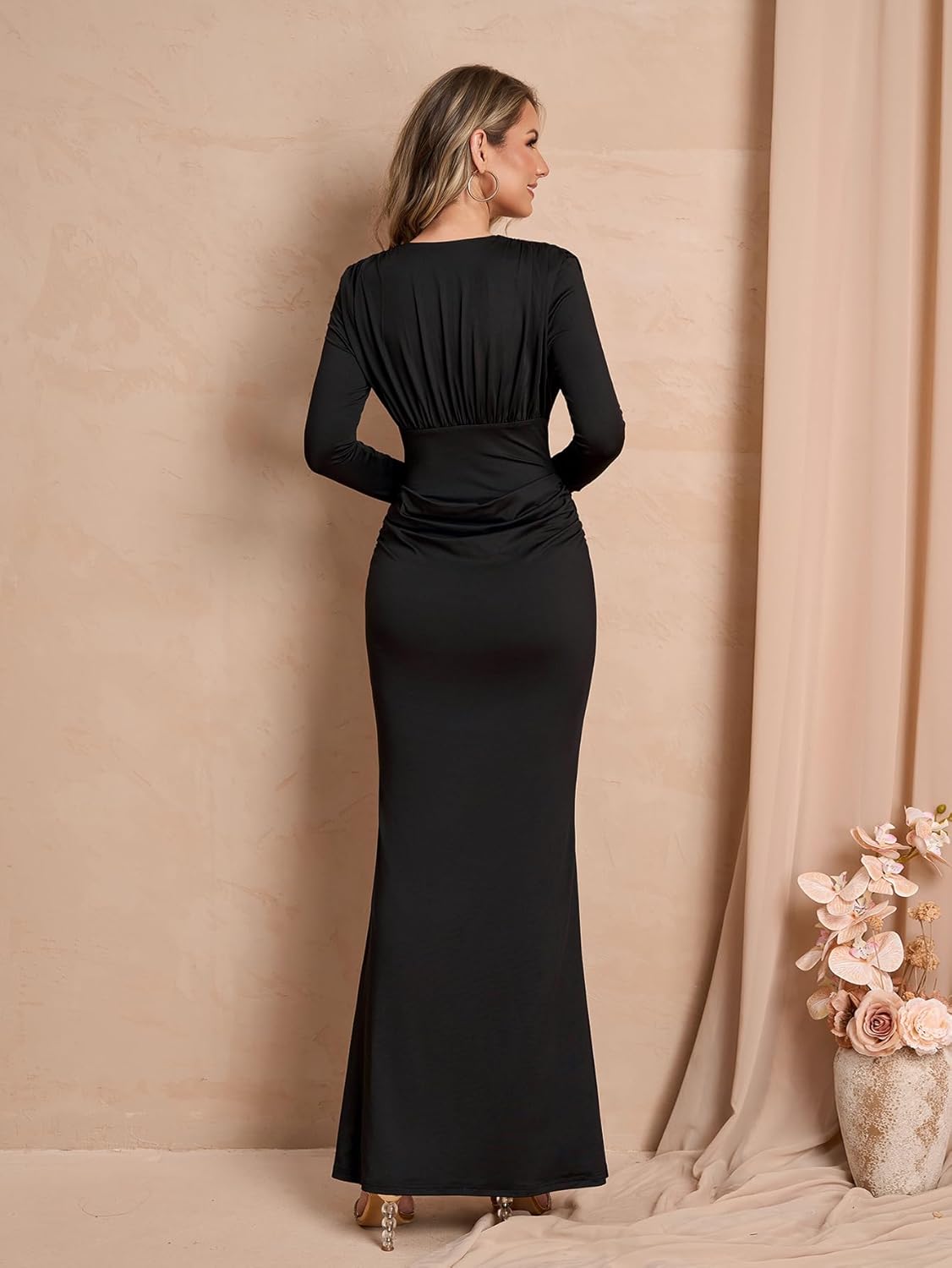 Long Sleeve Maxi Dress Deep V Neck Ruched Bodycon Elegant Semi Formal Wedding Guest Dresses for Women 2025 - Image 3