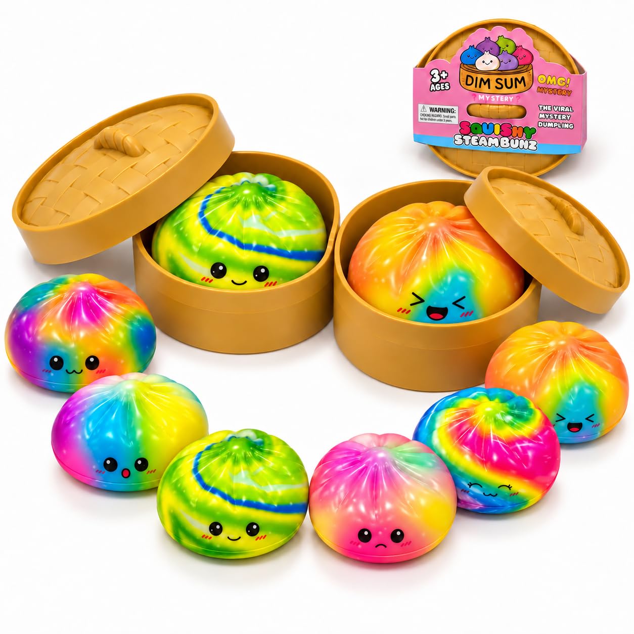 2PCS Mystery Dumplings Squishy Toy - PU Random Rainbow Bao Bun Squishy with Steamer Box, Stress Relief Slow Rising Squishies Dumpling for Teens and Adults, Desk Decor, Party Favor Gift