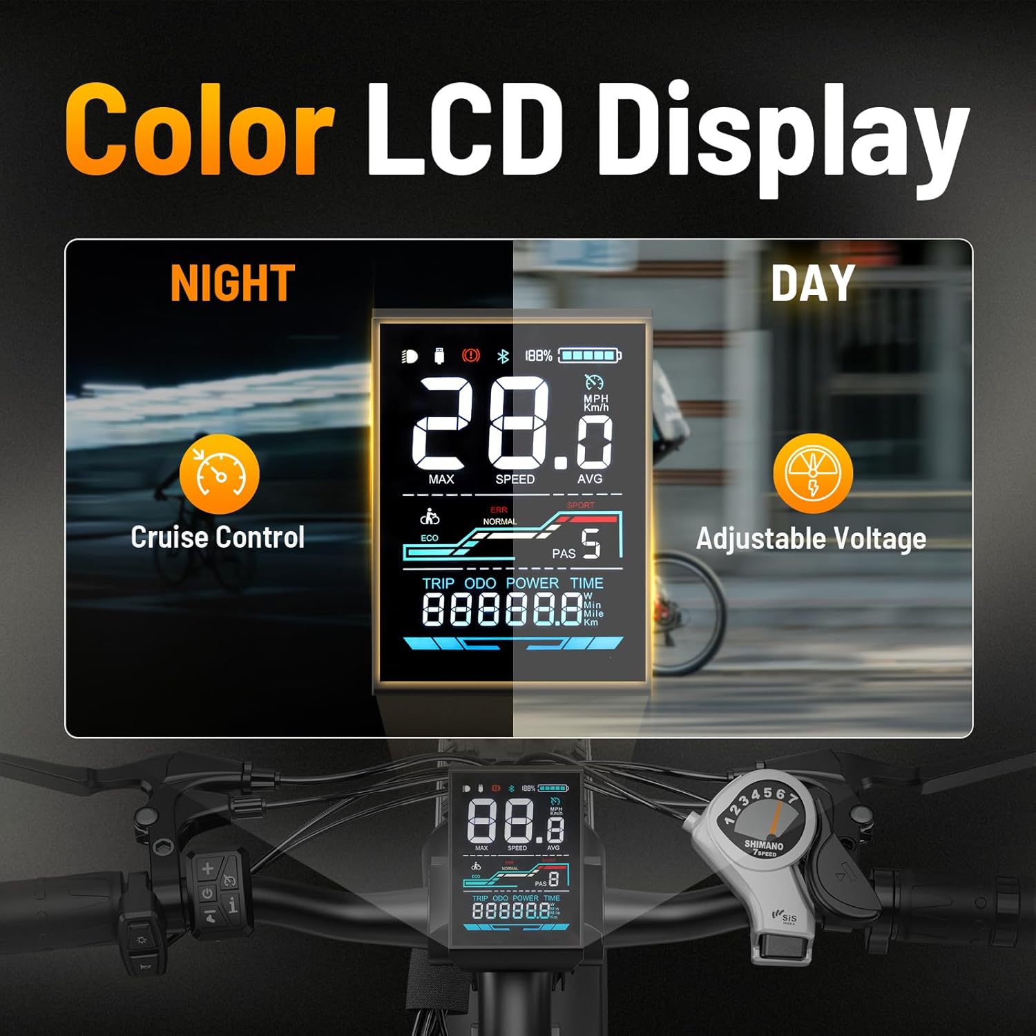 Jasion EB5 MAX Electric Bike color LCD display showing speed, battery, and riding modes