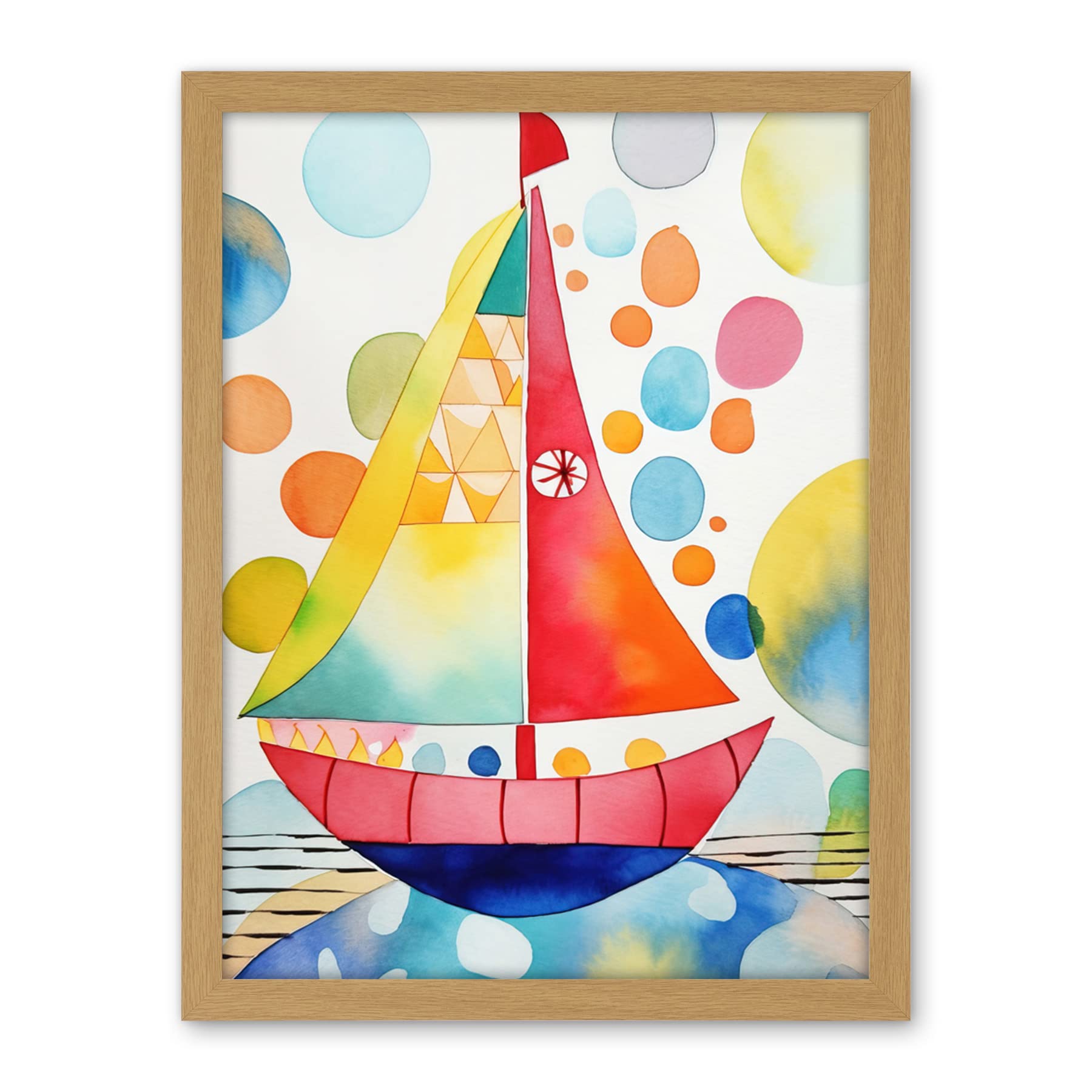 Artery8 Sailboat At Sunset Folk Art Artwork Framed Wall Art Print 18X24 Inch