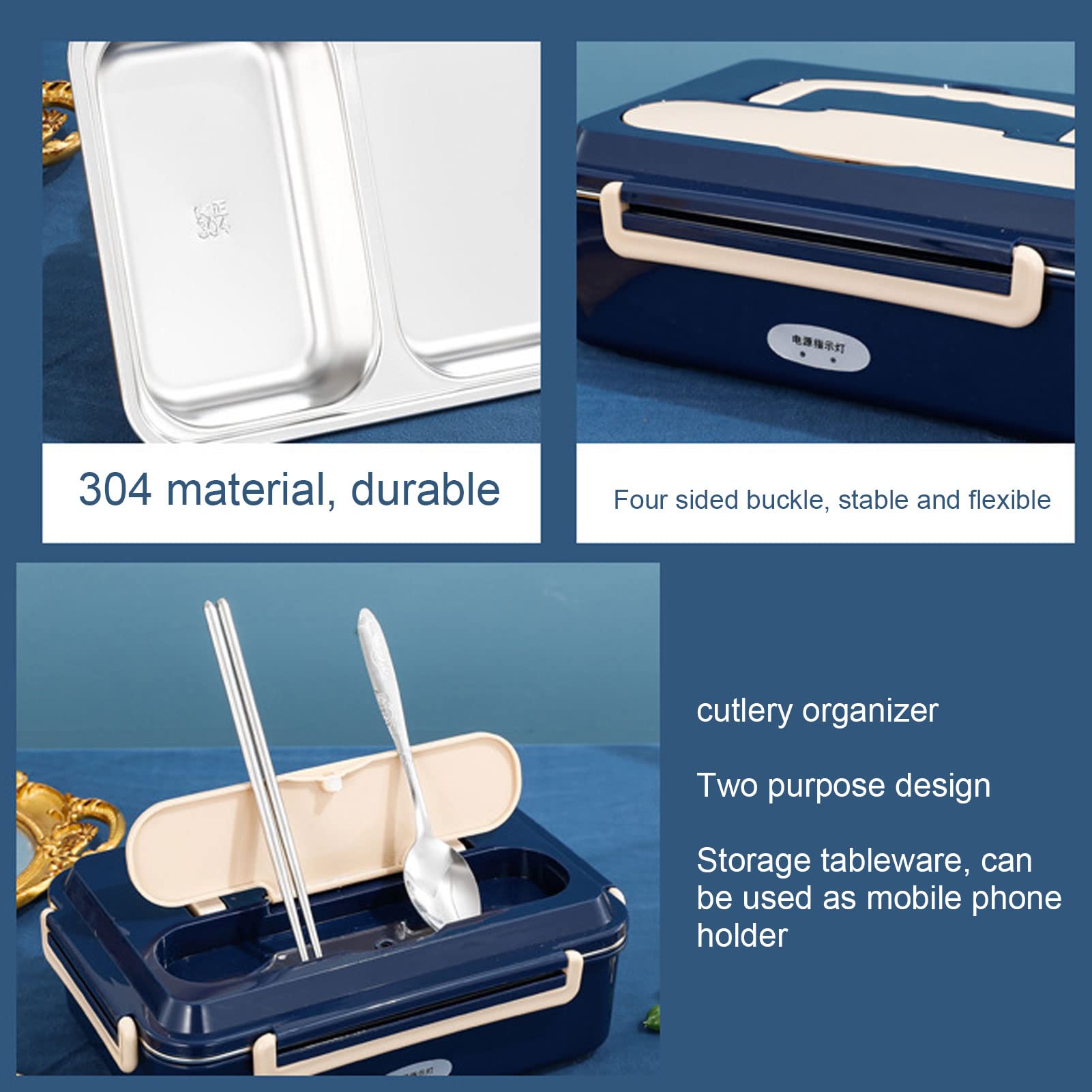 Zerodis Fiambrera Eléctrica de Acero Inoxidable, Calentador Portátil sin Agua, Recipiente Calentador de Alimentos a Prueba de Fugas con Compartimentos Dobles, Adecuado para (Enchufe europeo 220V)
